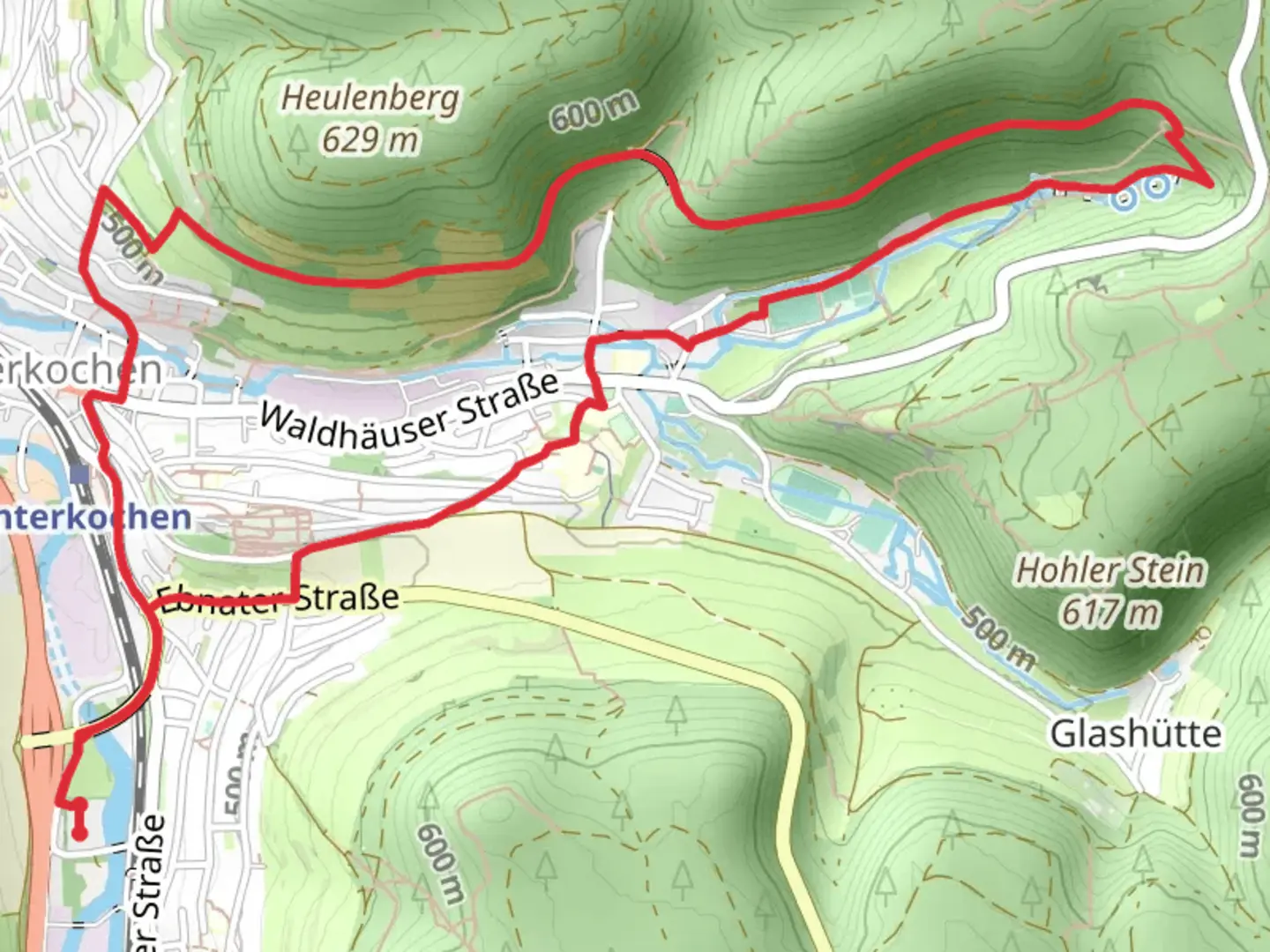 An image depicting the trail Pulvermuehle and Ehem Haersfeldbahn and its surrounding area.