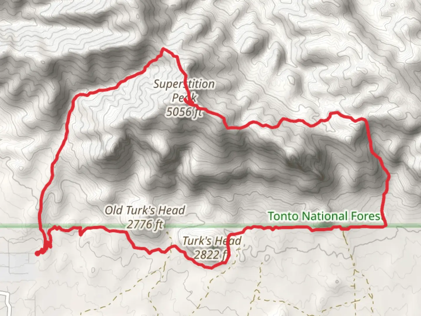 An image depicting the trail Hieroglyphic, Superstition Peak, Carney Springs and Lost Goldmine Loop Trail and its surrounding area.