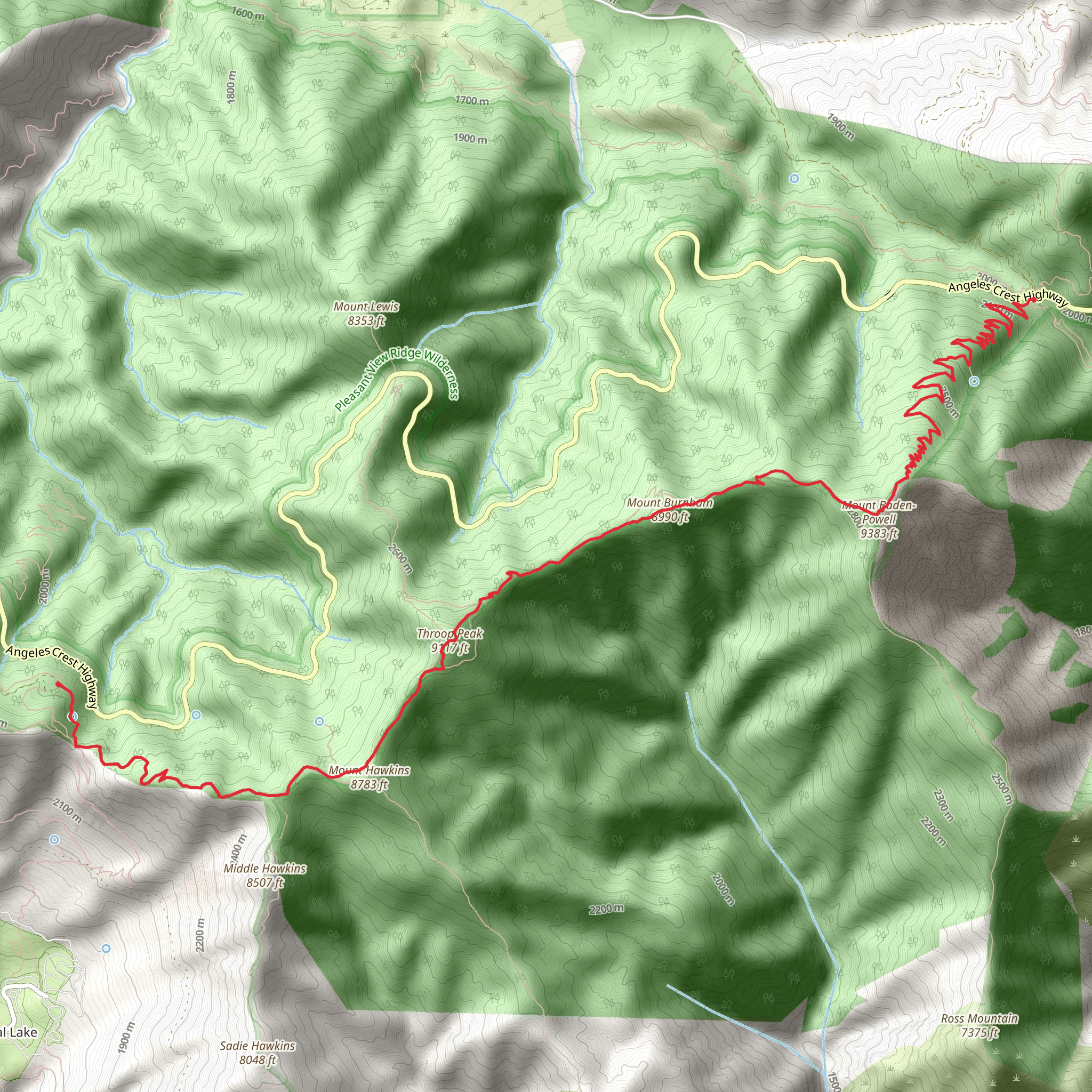 Mount Baden-Powell, Mount Burnham and Throop Peak via PCT mobile static map