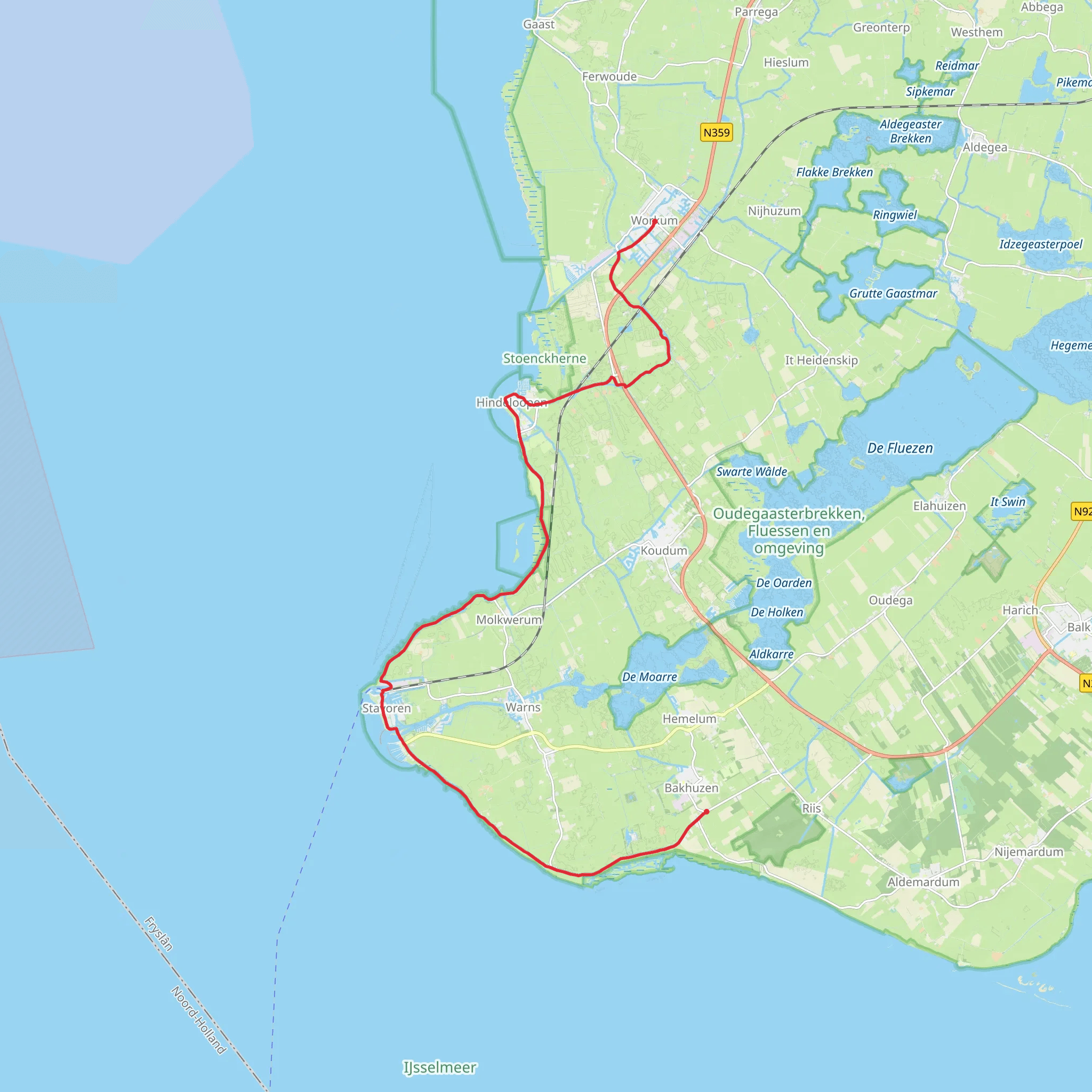 Workum to Mirns via Bocht fan Molkwar and Ijsselmeer mobile static map