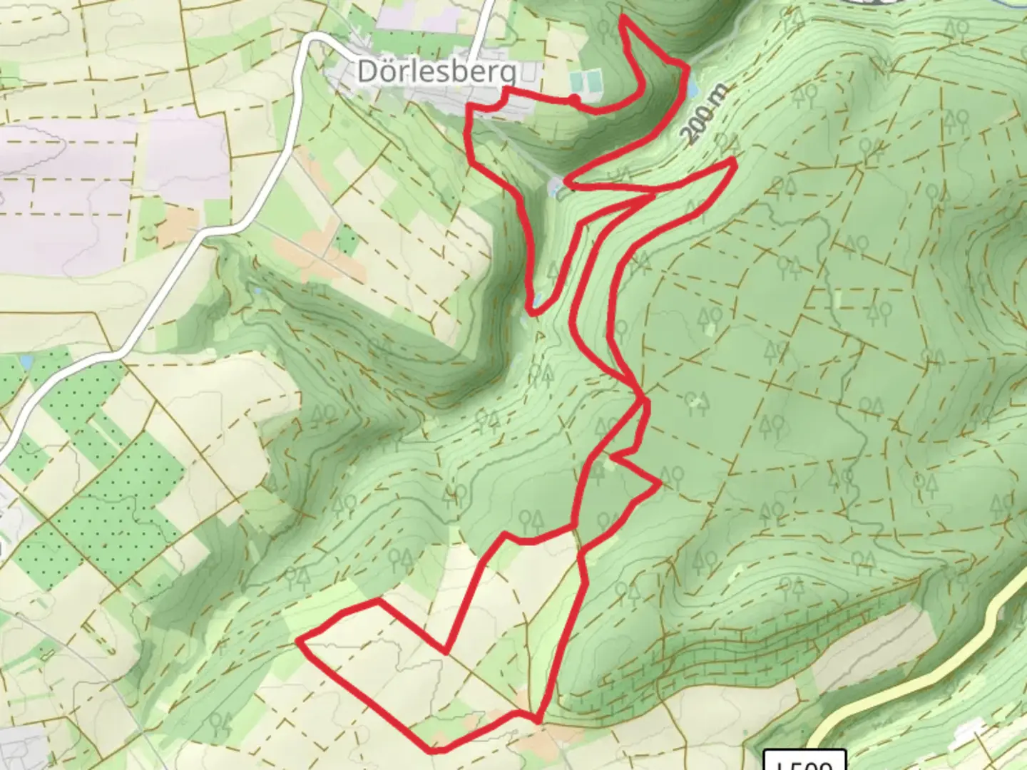 An image depicting the trail Dorlesberg and Roter Rain Loop and its surrounding area.