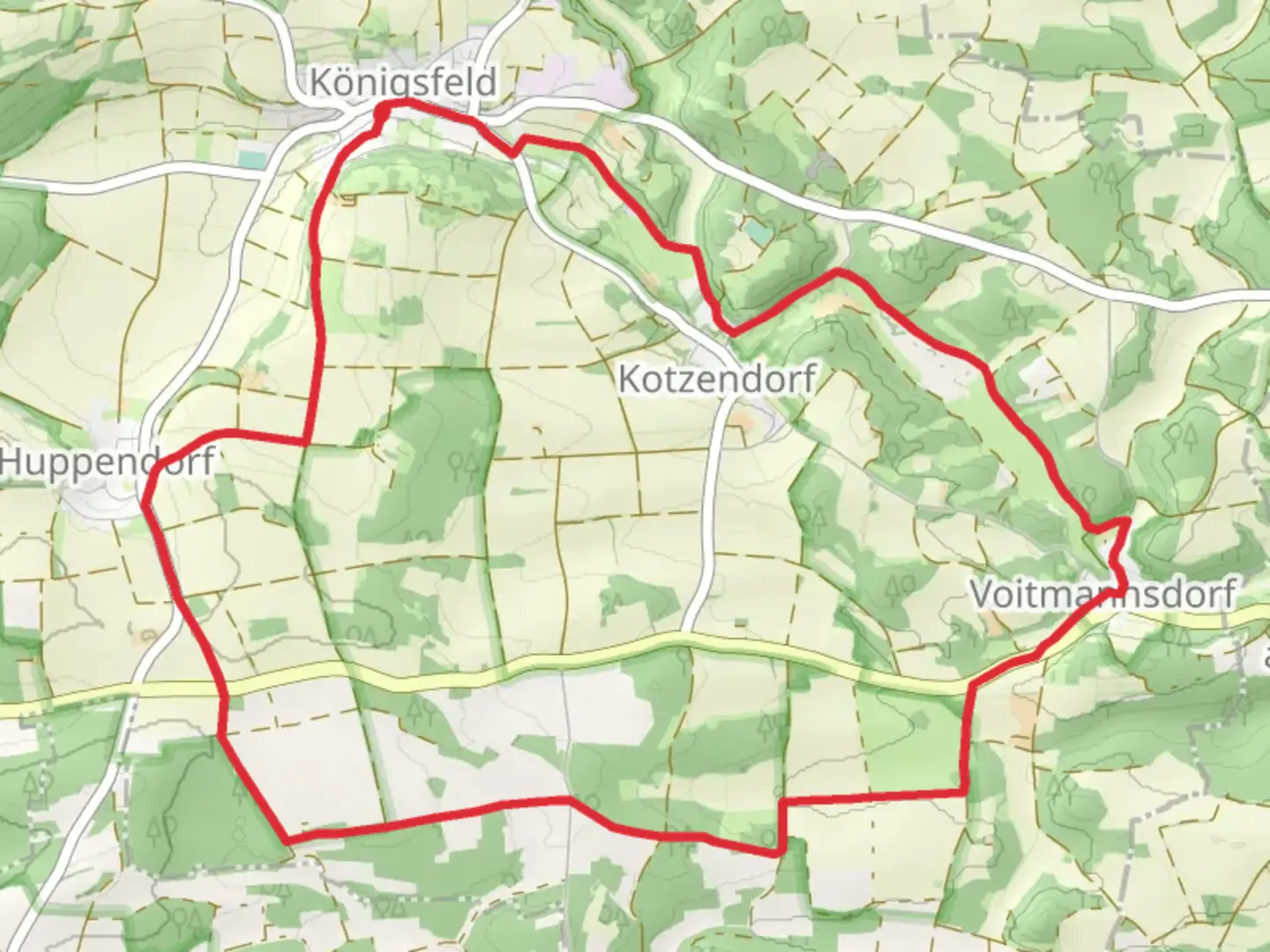 An image depicting the trail Koenigsfeld Kappellenweg and Schesslitz Doos and its surrounding area.