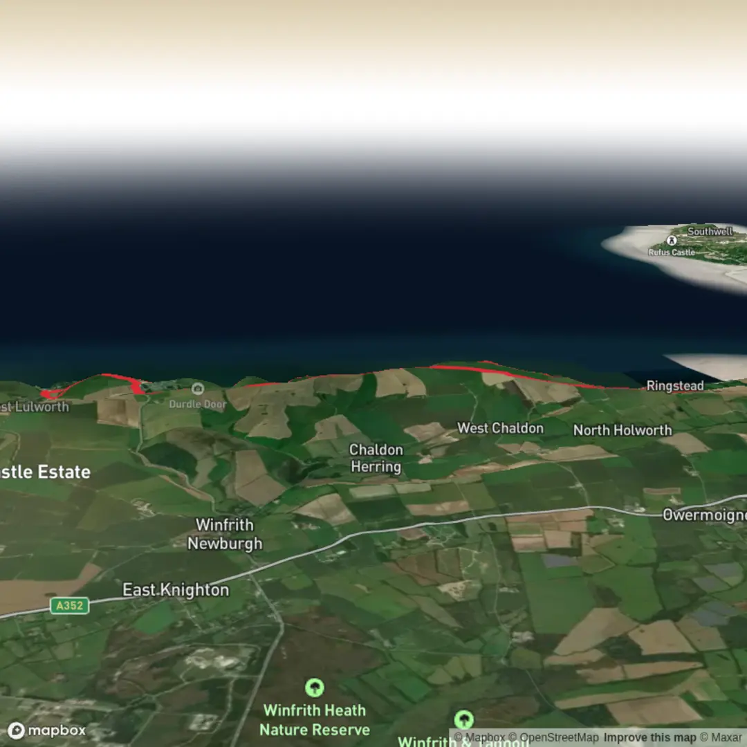 An image depicting the trail Hambury Tout, West Bottom, Bat's Hole and Durdle Door Loop via SWCP and its surrounding area.