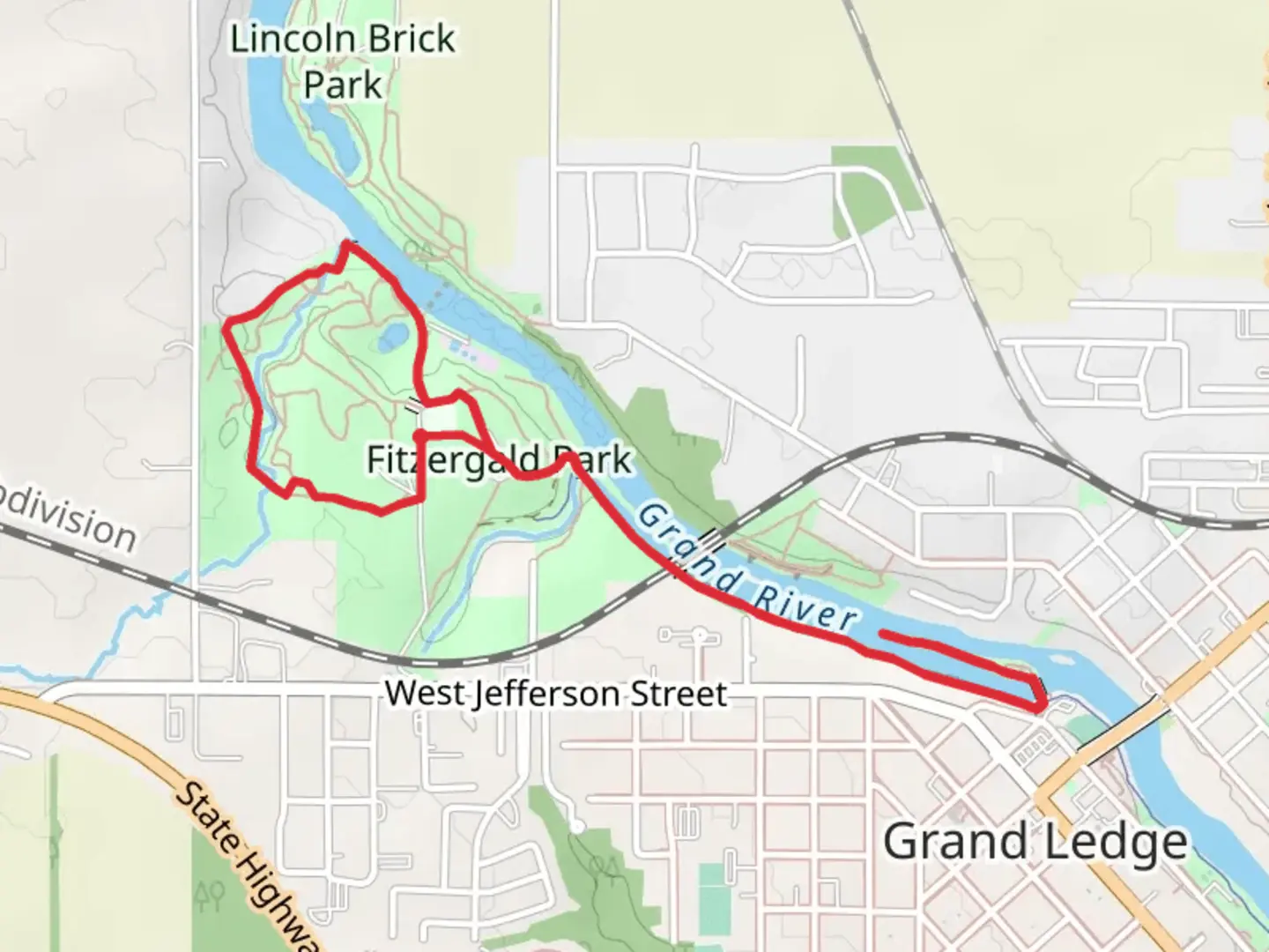 An image depicting the trail Grand River via West Woods Trail and its surrounding area.
