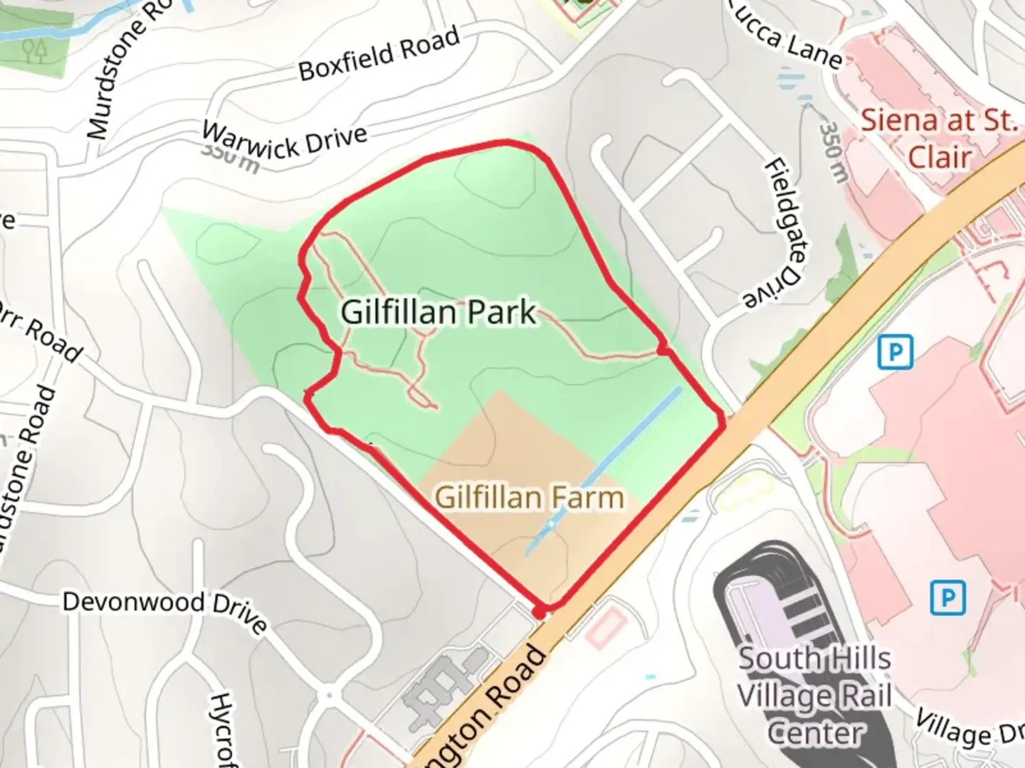 An image depicting the trail Gilfillan Park Loop and its surrounding area.