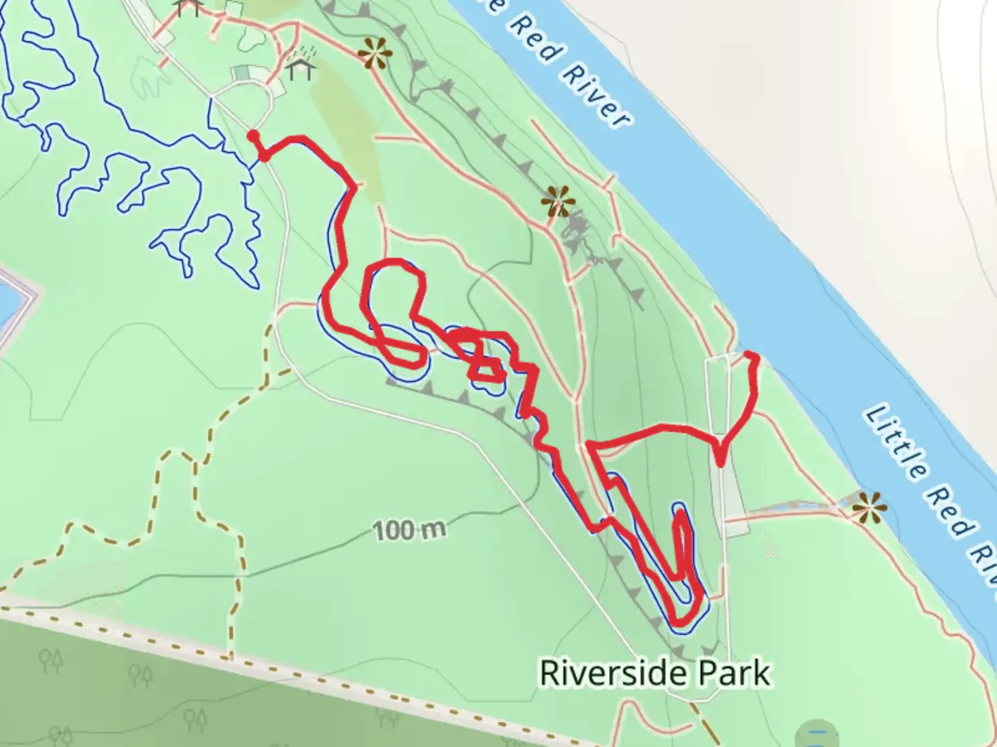 An image depicting the trail Riverside Park - Monster-T Out and Back and its surrounding area.