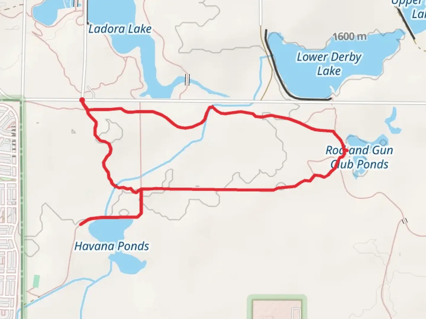 An image depicting the trail Havana Ponds and Rod and Gun Club Ponds Loop and its surrounding area.