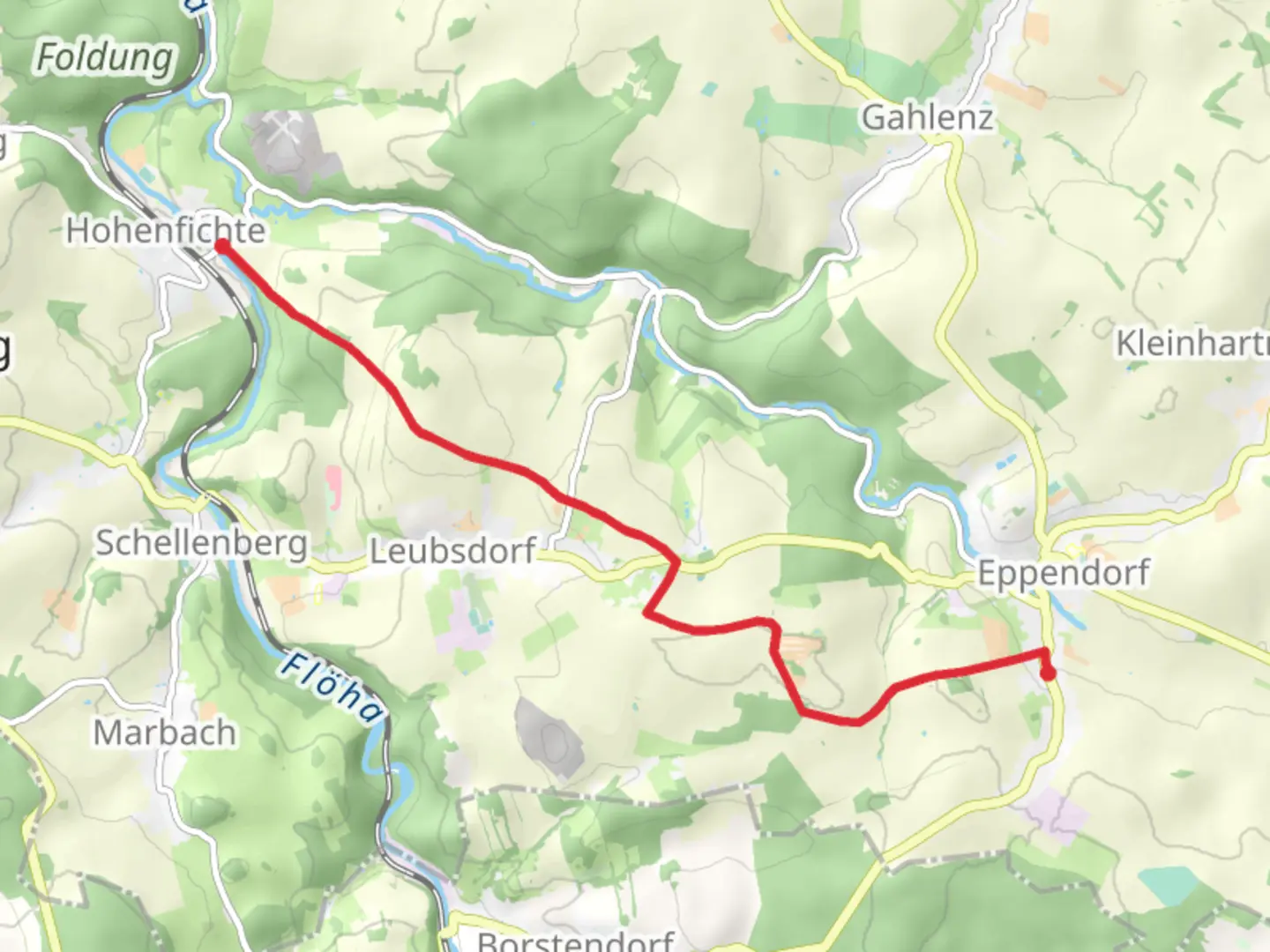 An image depicting the trail Hohenfichte to Eppendorf via Rund um Leubsdorf and Rundweg Ebersbach and its surrounding area.