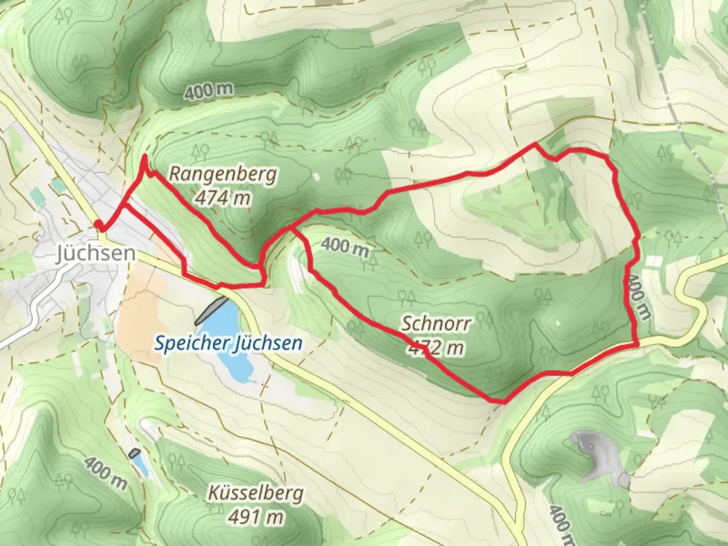 An image depicting the trail Juchsen Wald, Widderstadt and Schnorr Loop and its surrounding area.