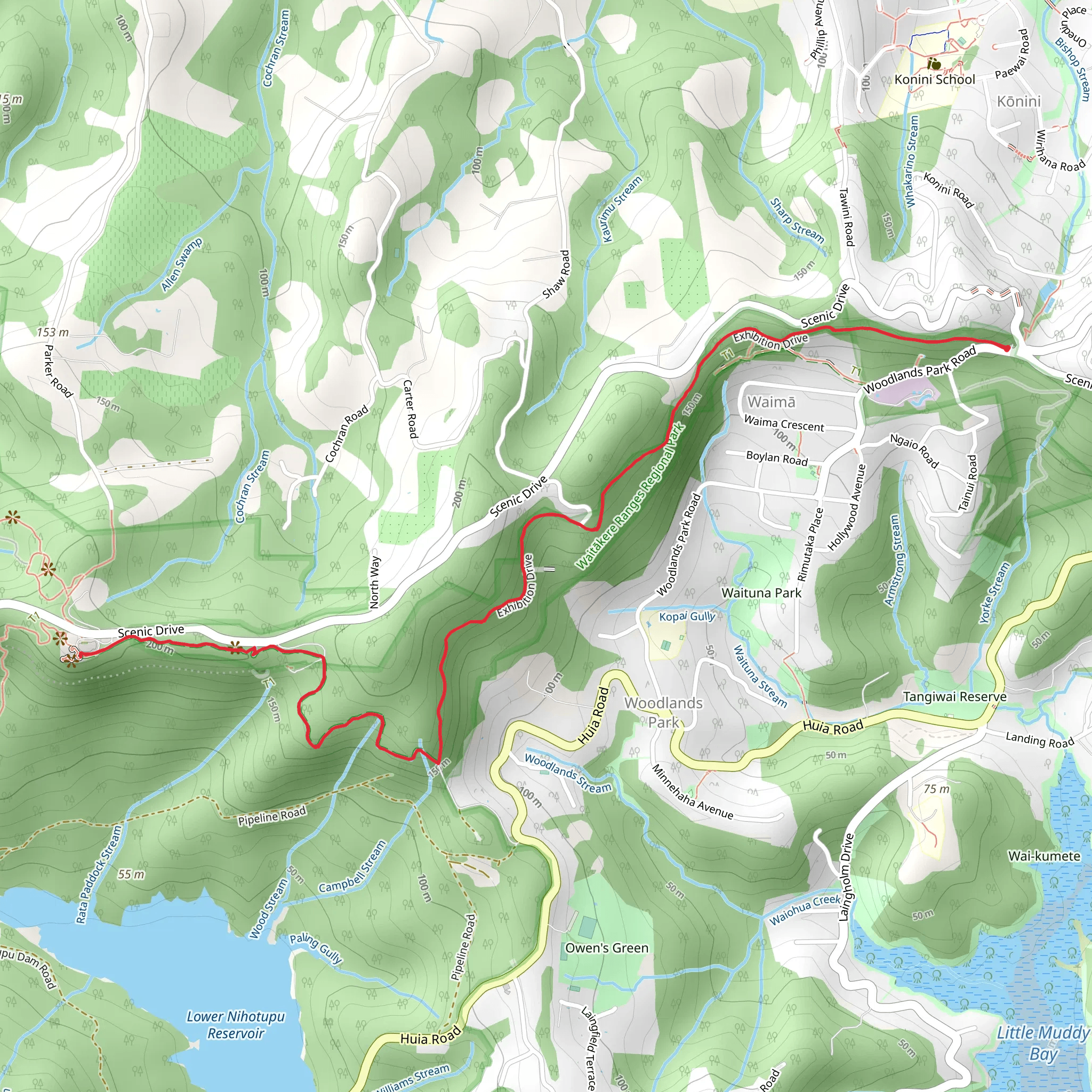Exhibition Drive to Arataki Visitor Center mobile static map