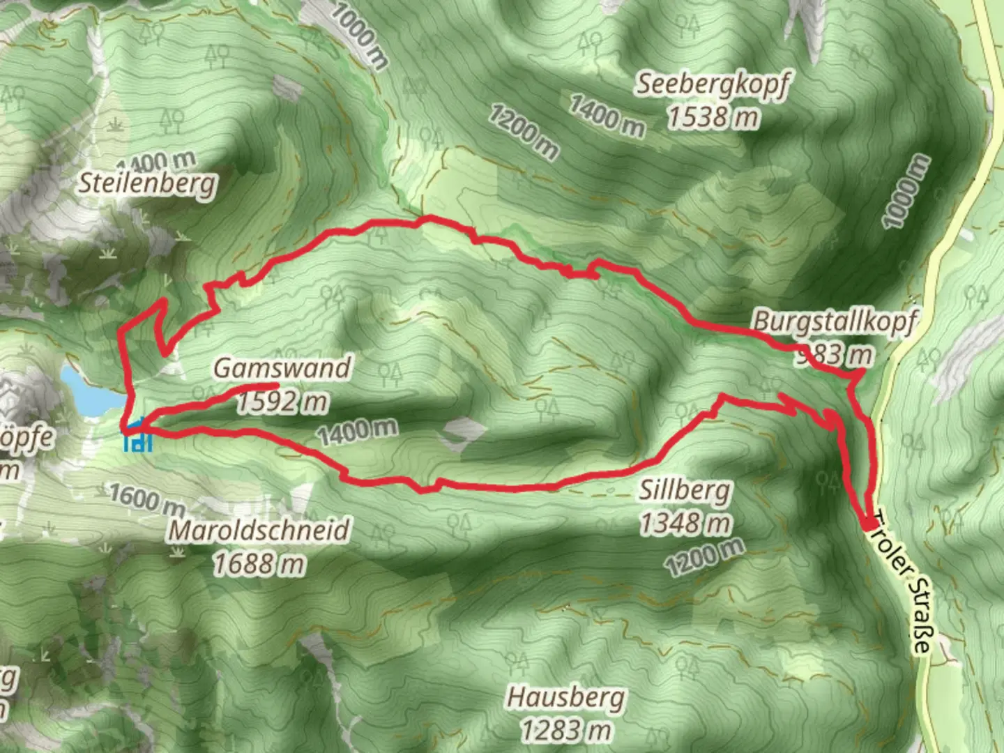 An image depicting the trail Gamswand, Soinsee and Steilenbach Via Alpina PurpleLoop and its surrounding area.