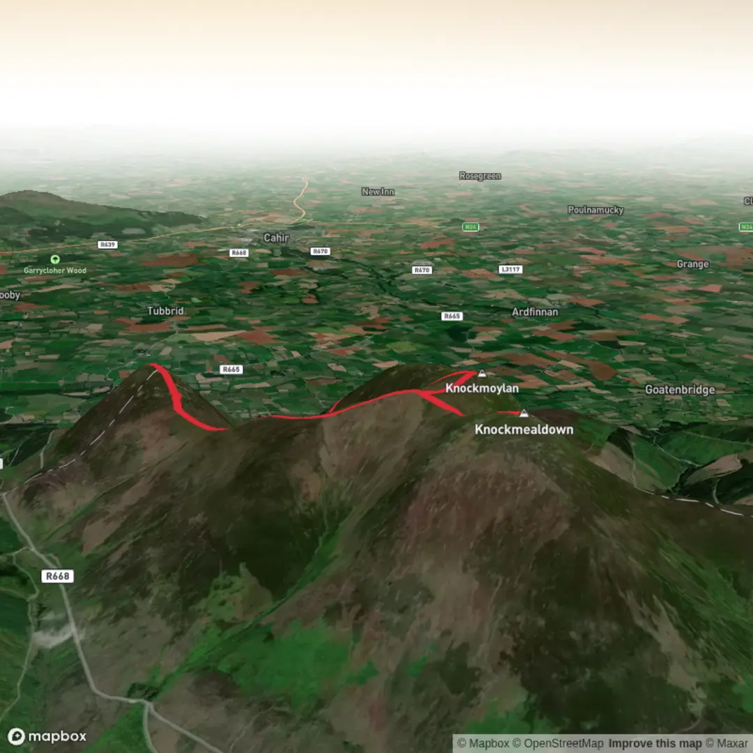An image depicting the trail Ducks Ponds to Knockmealdowns and Sugarloaf and its surrounding area.