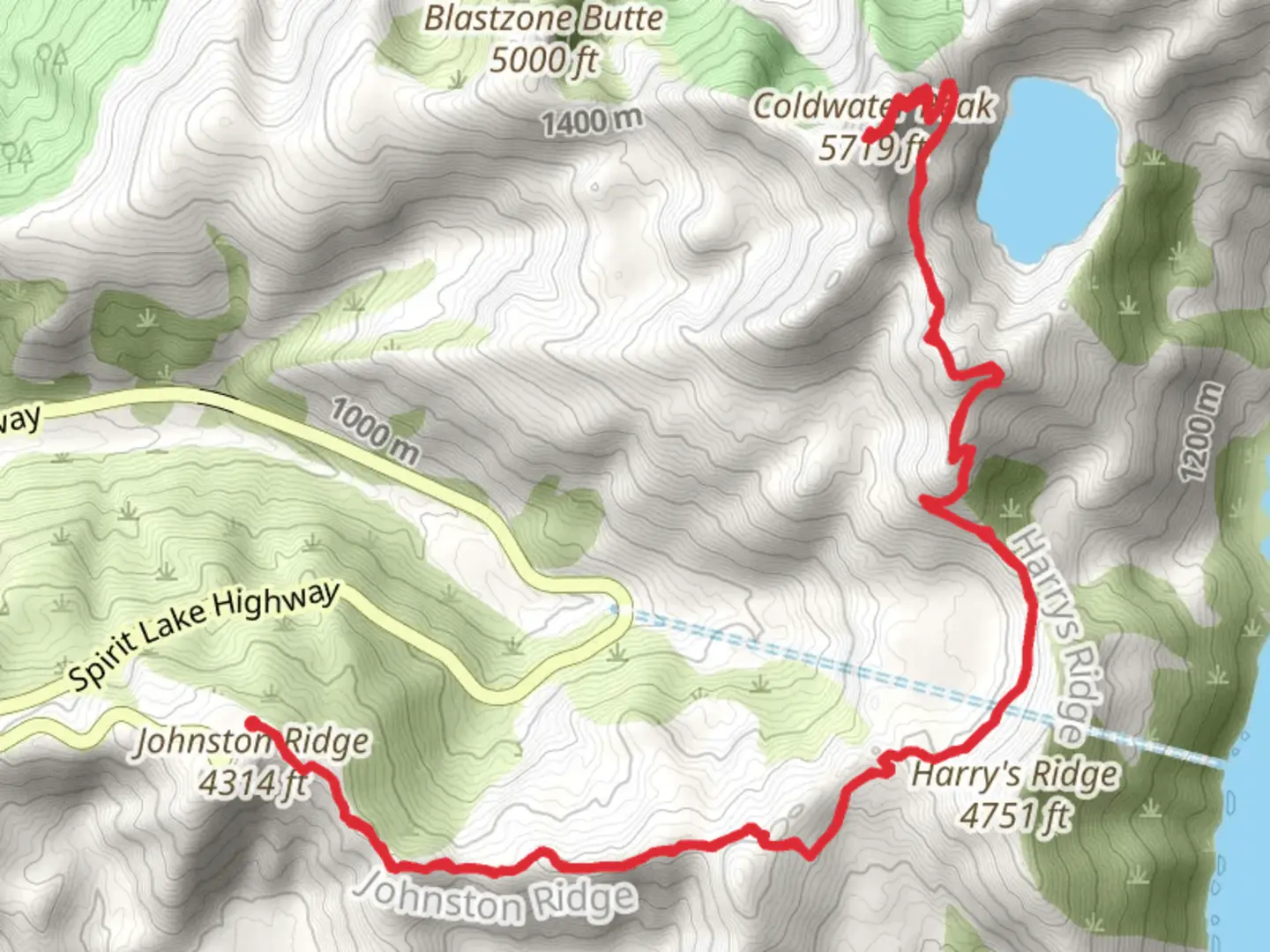 An image depicting the trail Coldwater Peak via Boundary Trail and its surrounding area.