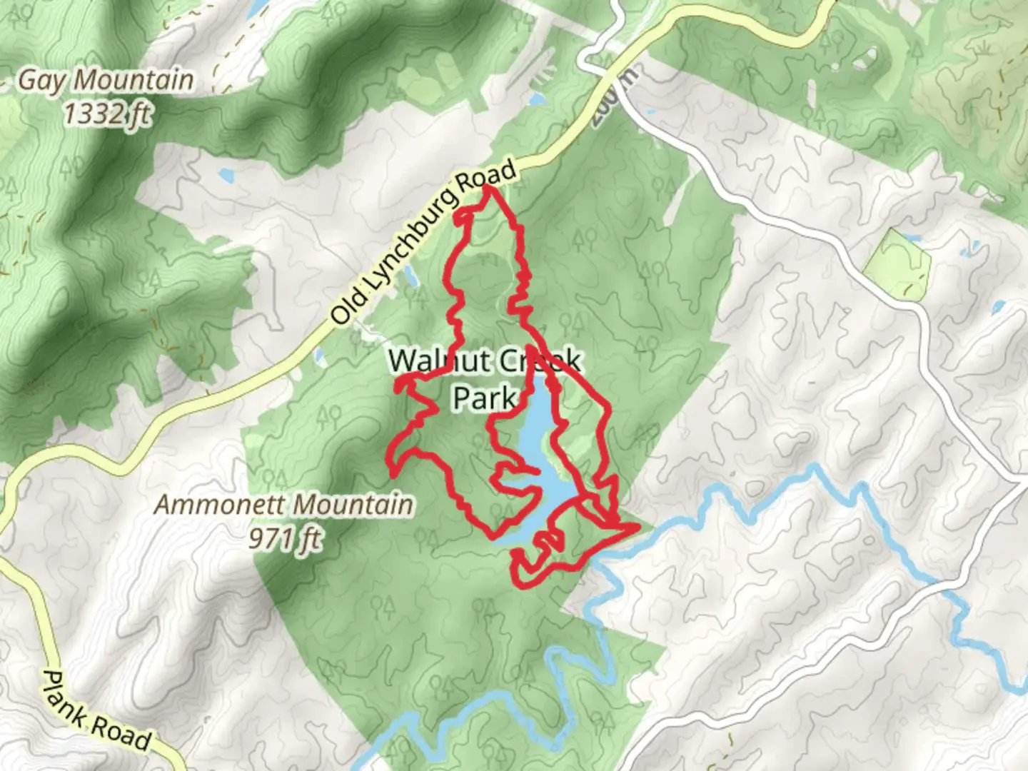 An image depicting the trail Walnut Creek Park Long Loop and its surrounding area.