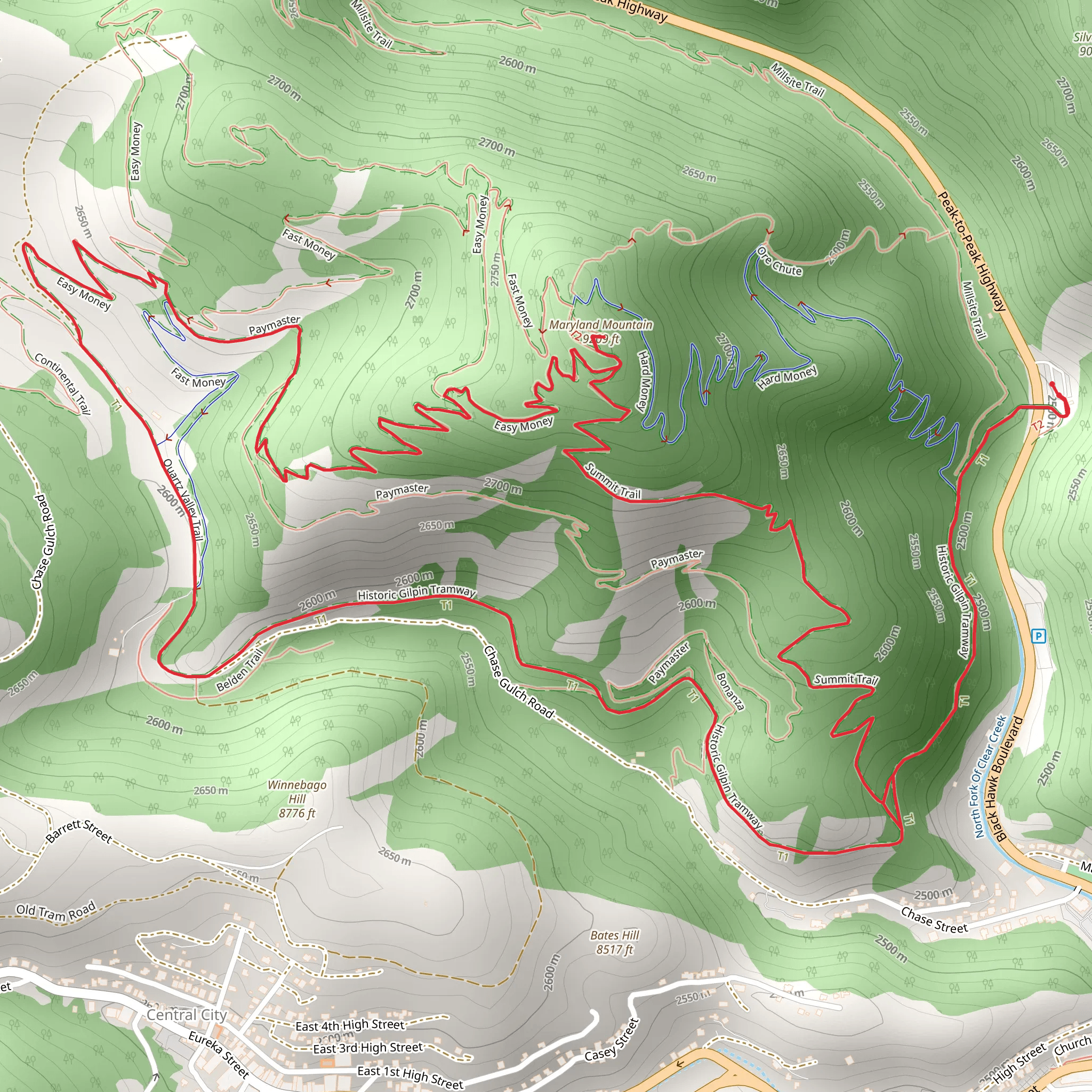 Hidden Treasure Trail, Historic Gilpin Tramway and Summit Loop Trail mobile static map