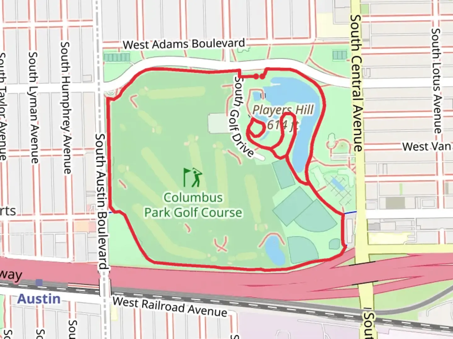 An image depicting the trail Columbus Park Golf Course Loop and its surrounding area.