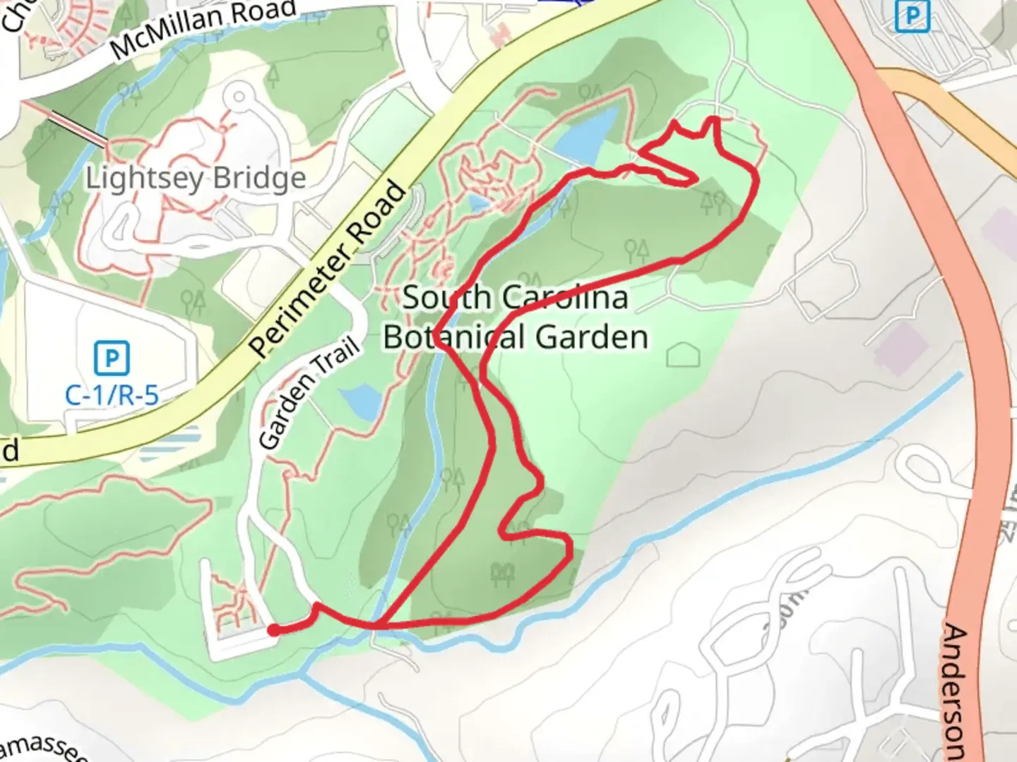 An image depicting the trail South Carolina Botanical Garden Loop and its surrounding area.