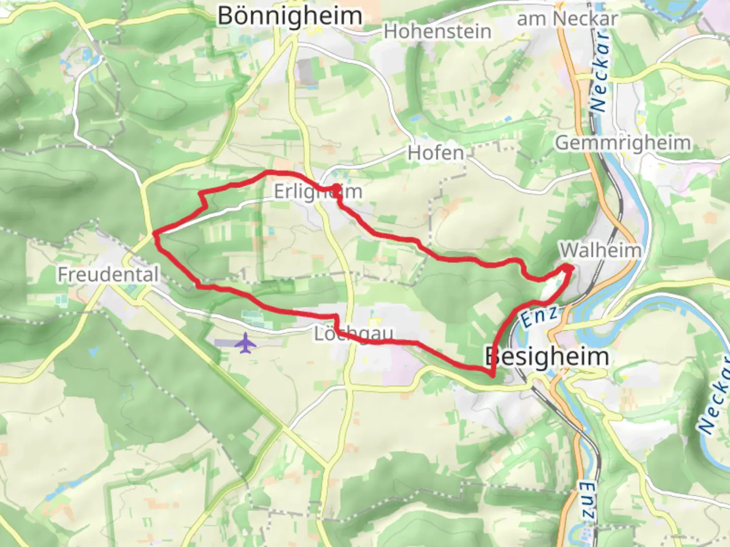 An image depicting the trail Erligheim and Lochgau Loop and its surrounding area.
