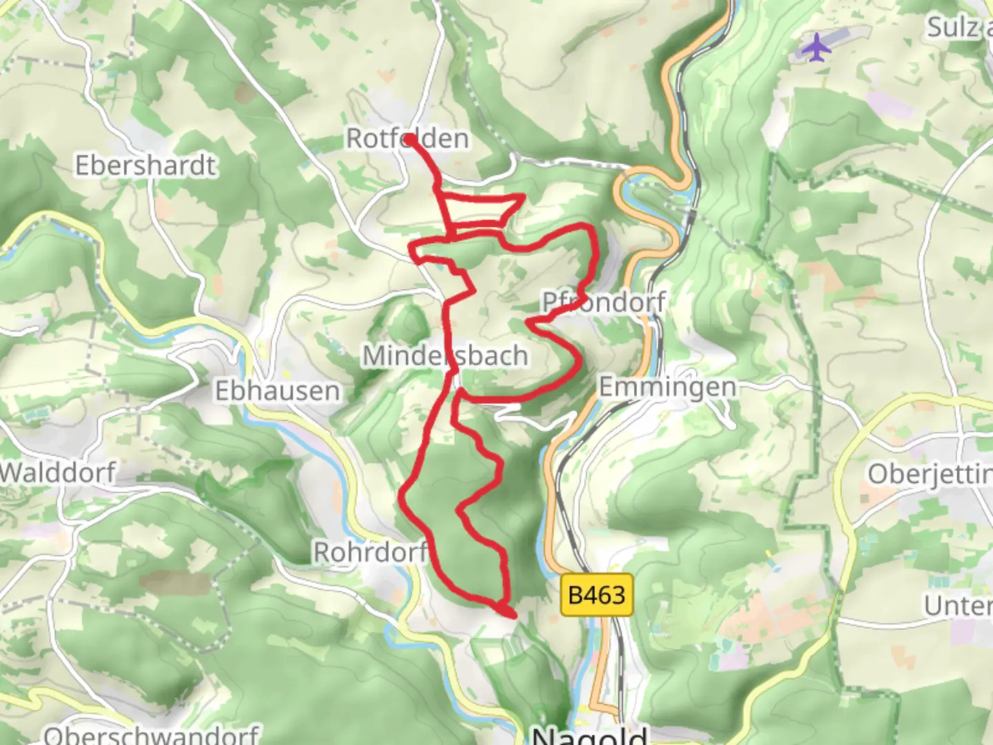 An image depicting the trail Pfrondorf and Rohrdorf Loop and its surrounding area.