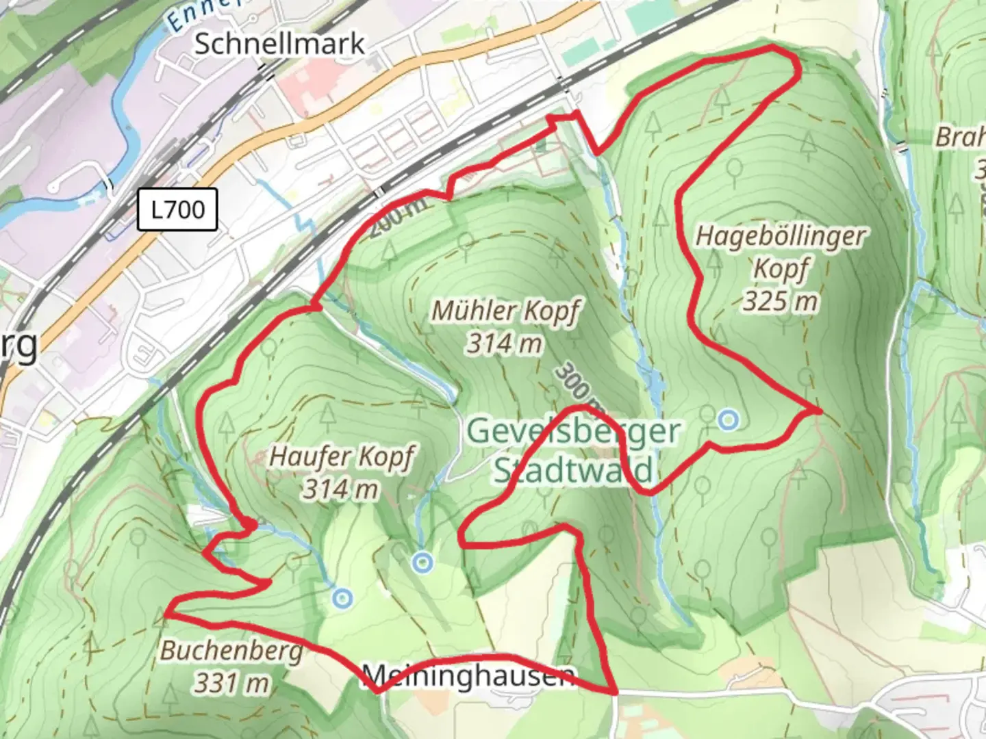 An image depicting the trail Ennepetaler Rundweg and Friedhof Weg and its surrounding area.