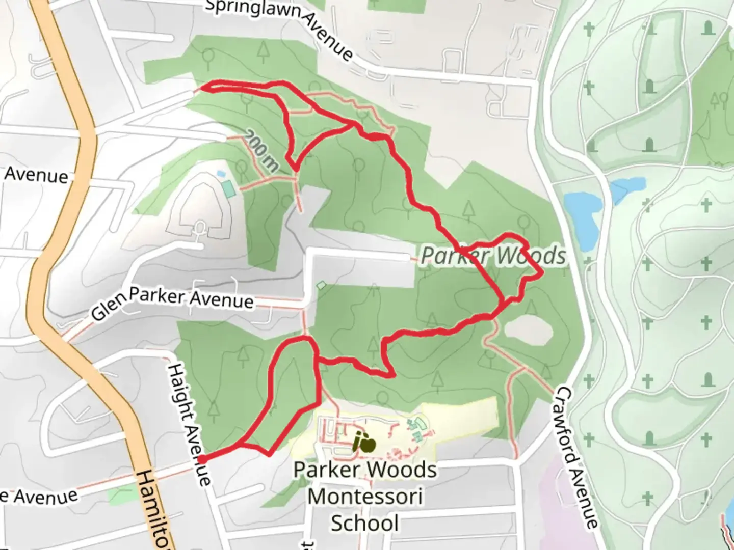 An image depicting the trail Parker Woods and A Loop and its surrounding area.
