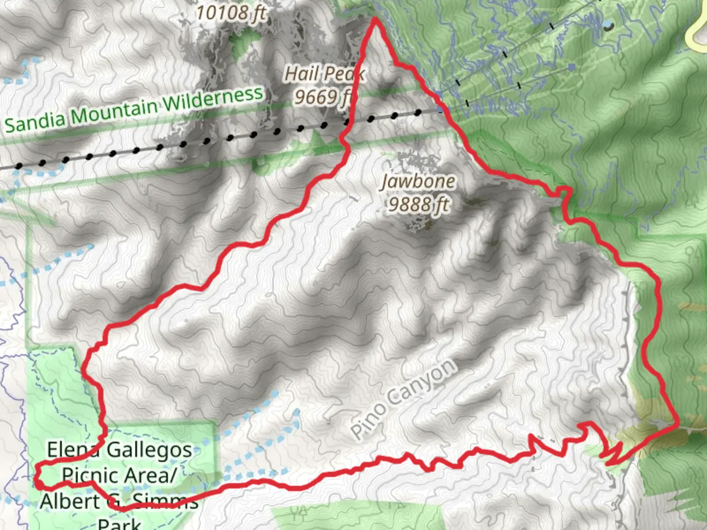 An image depicting the trail La Luz Trail and Pino Loop Trail and its surrounding area.