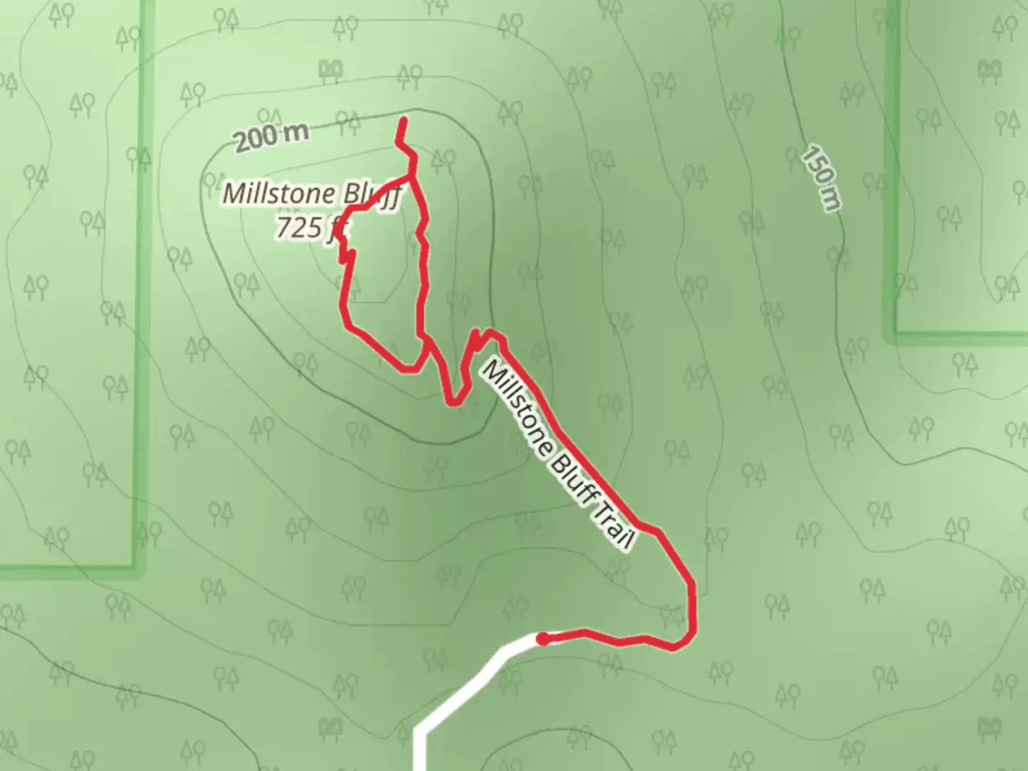 An image depicting the trail Millstone Bluff Loop and its surrounding area.