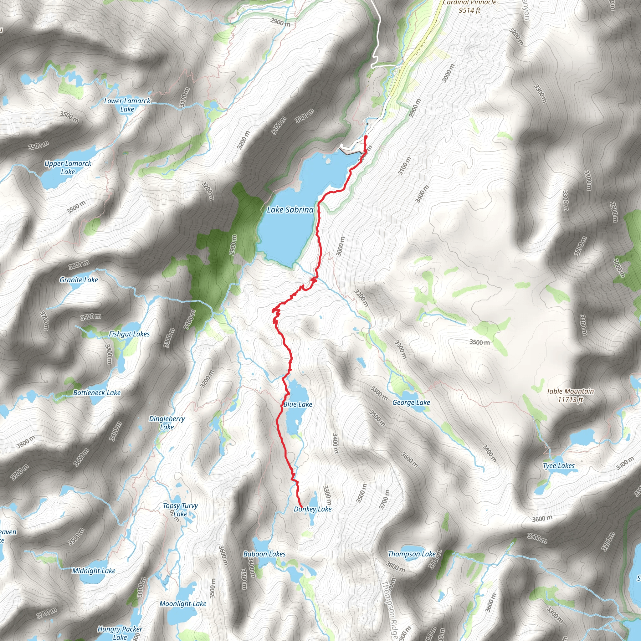 Sabrina Basin Trail to Donkey Lake mobile static map
