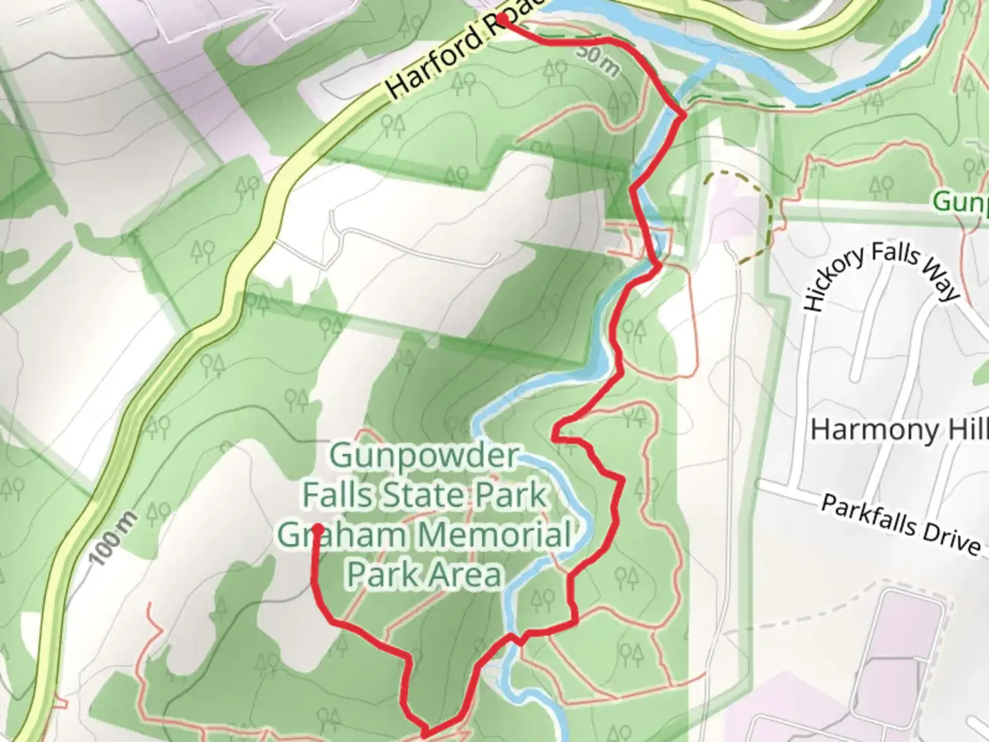 An image depicting the trail Jennifer Branch and Big Gunpowder Falls Trail and its surrounding area.