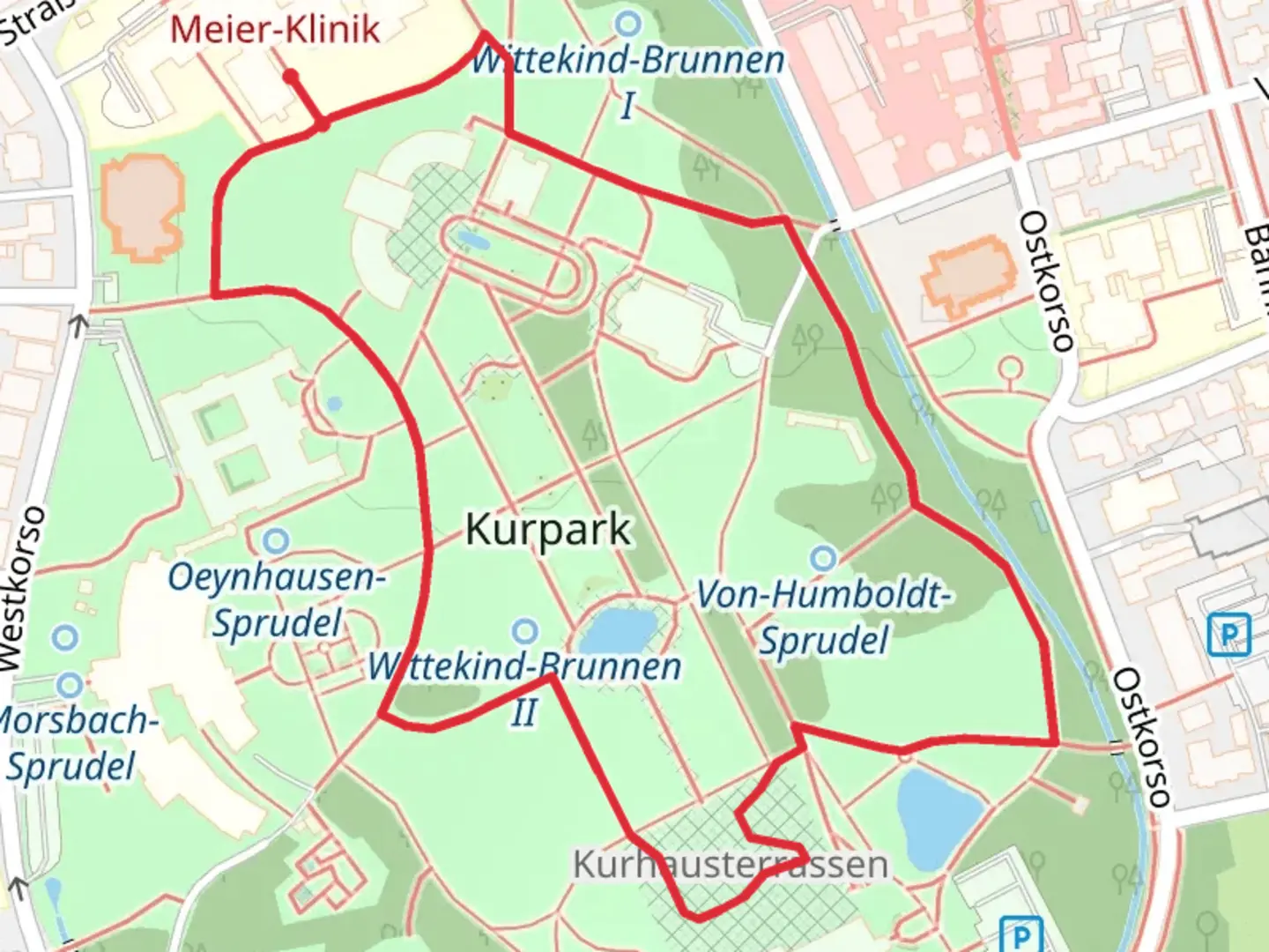 An image depicting the trail Kurpark via Vital Wanderwelt and its surrounding area.