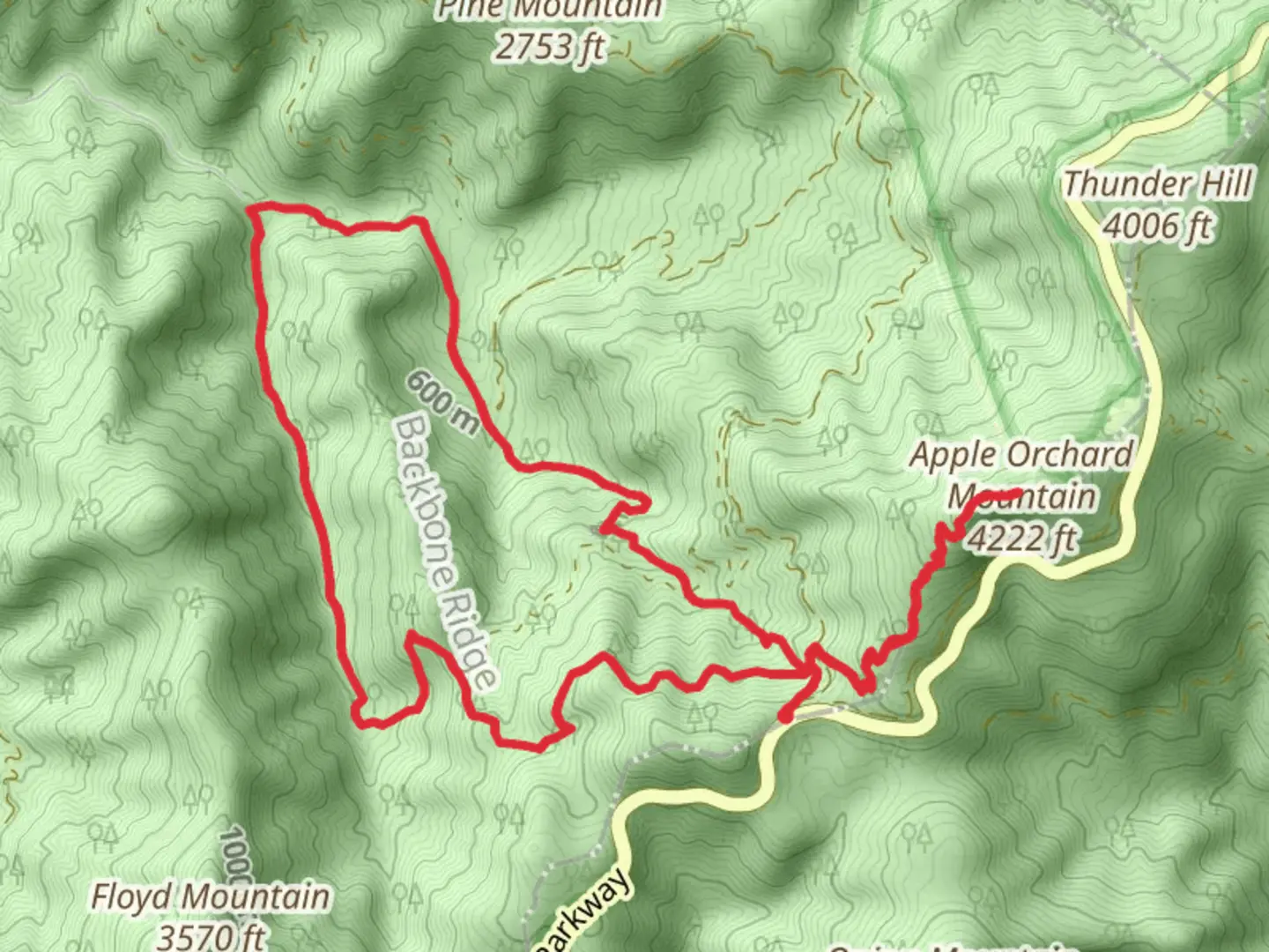 An image depicting the trail Apple Orchard Mountain, Appalachian and Cornelius Creek Loop Trail and its surrounding area.