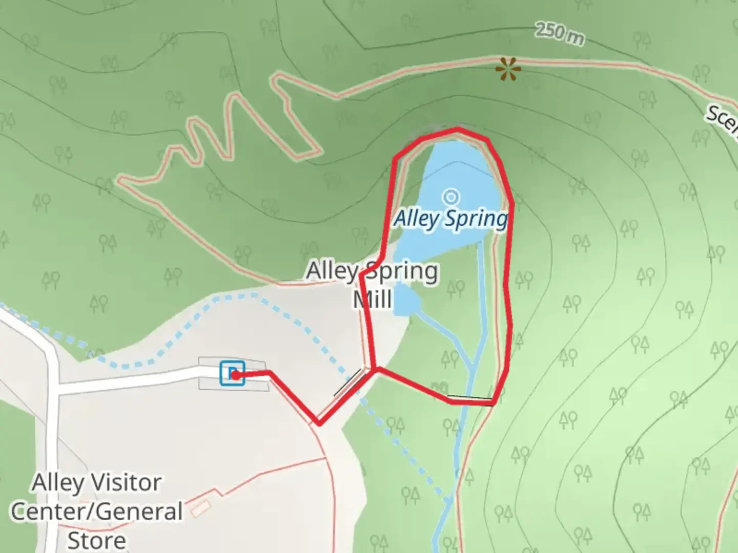 An image depicting the trail Alley Spring Loop and its surrounding area.