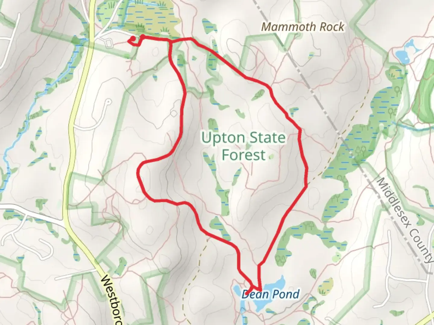 An image depicting the trail Upton State Forest and Dean Pond Loop and its surrounding area.