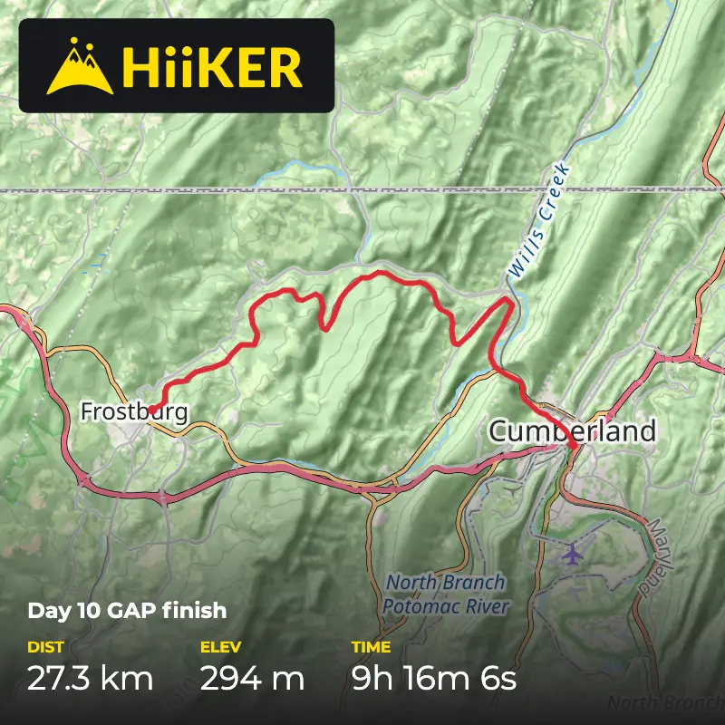 A map preview of the recording Day 10 GAP finish Frostburg to Cumberland .