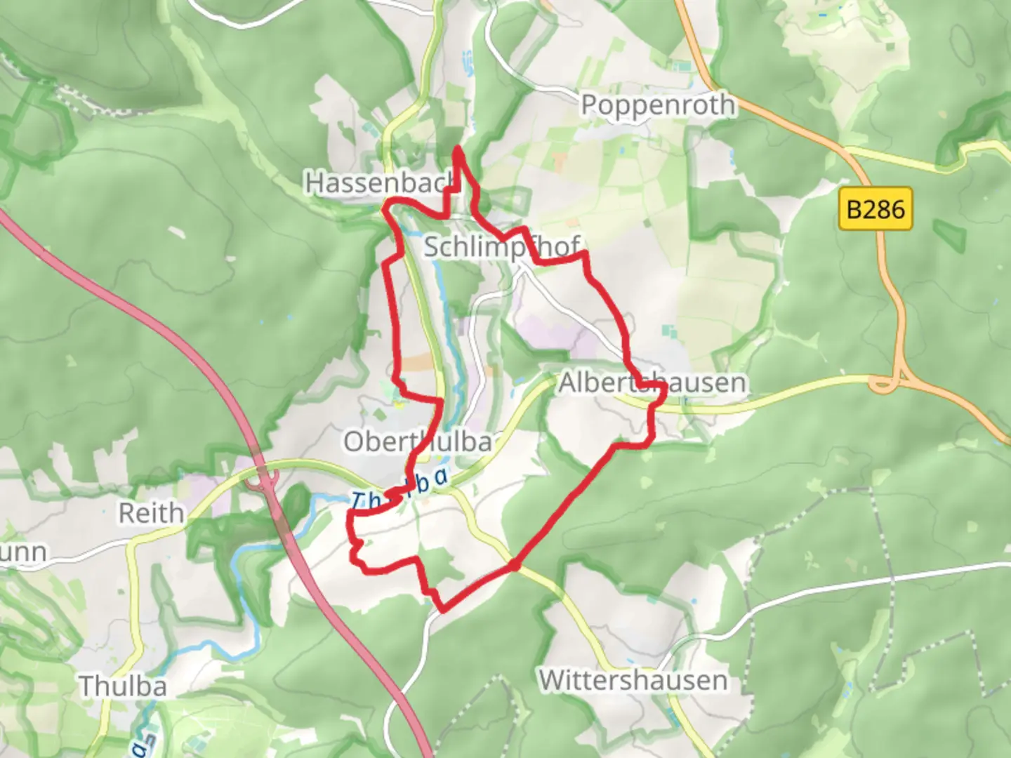 An image depicting the trail Oberthulba and Albertshausen Loop and its surrounding area.