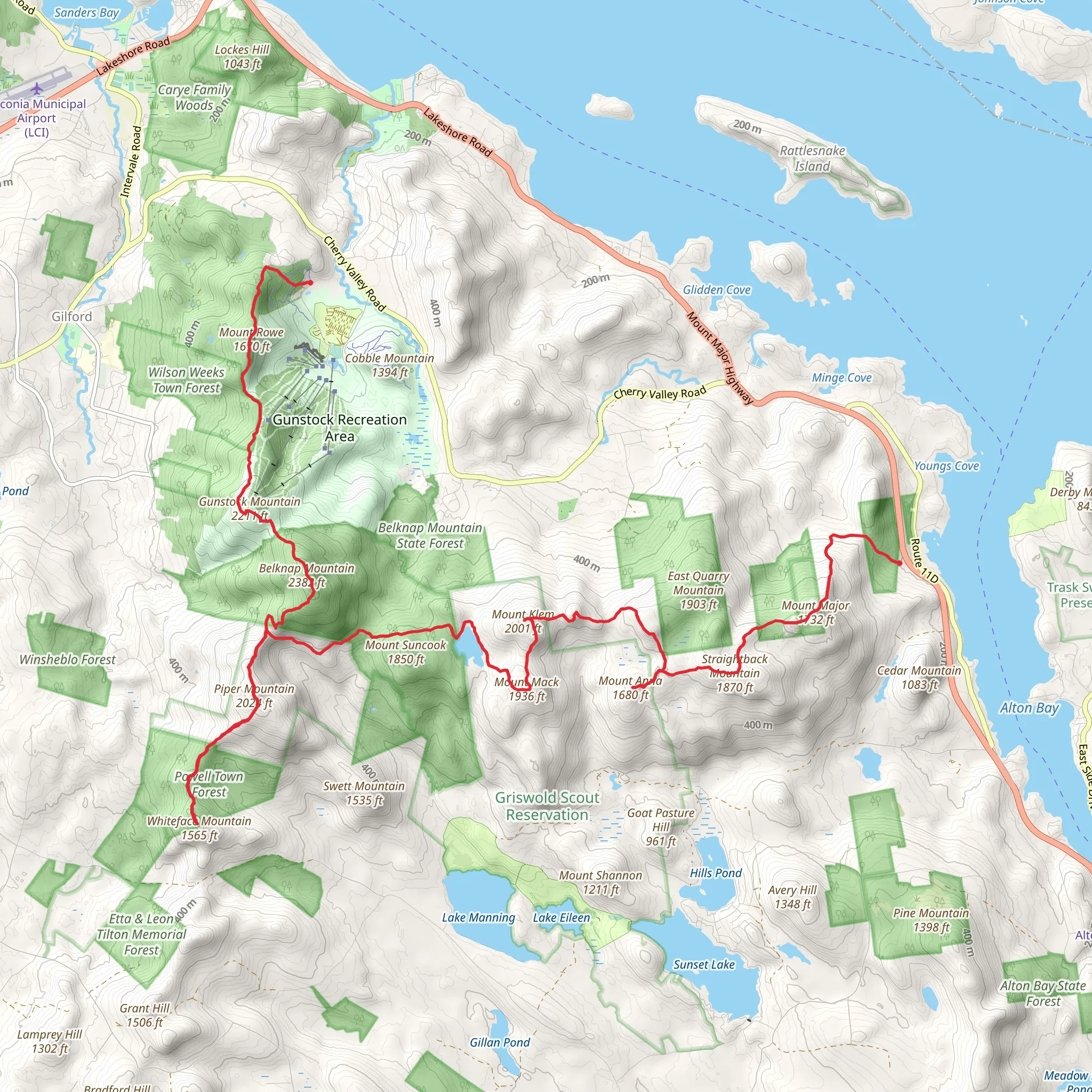 Mount Major to Mount Rowe via Belknap Range Trail mobile static map
