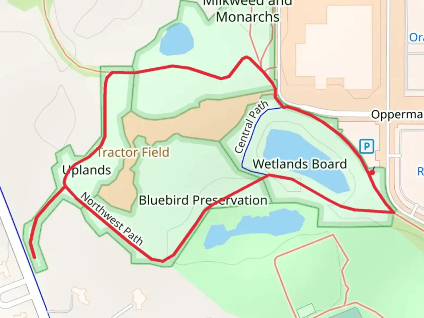 An image depicting the trail Bluebird Preservation Loop and its surrounding area.