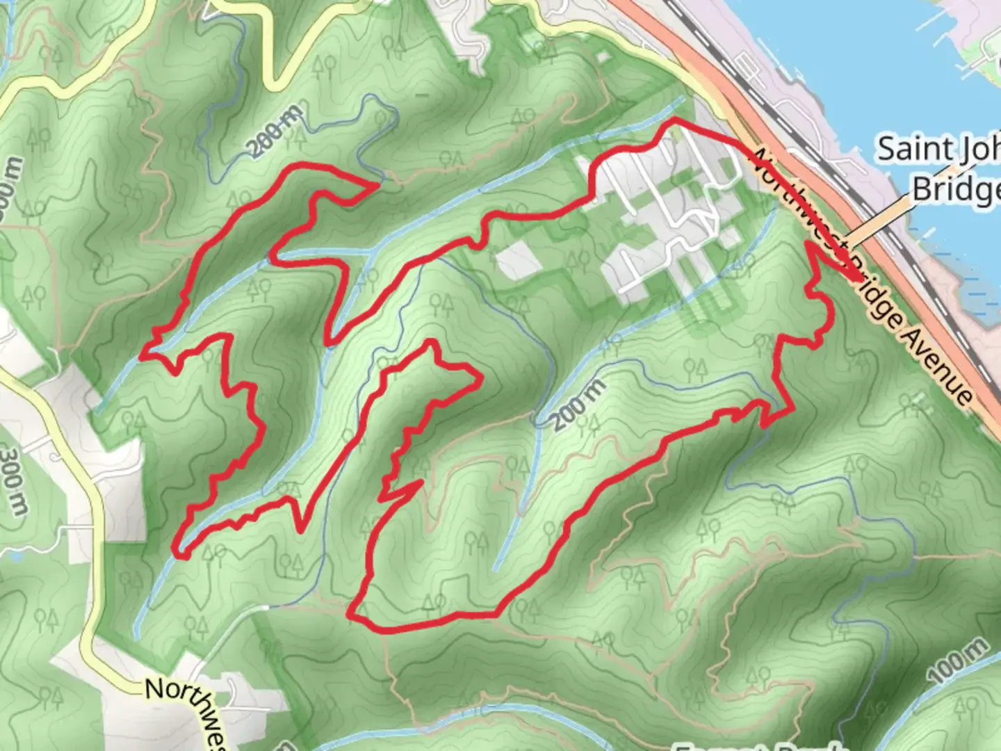 An image depicting the trail Ridge, Wildwood and Northwest Leif Erikson Drive Loop Trail and its surrounding area.