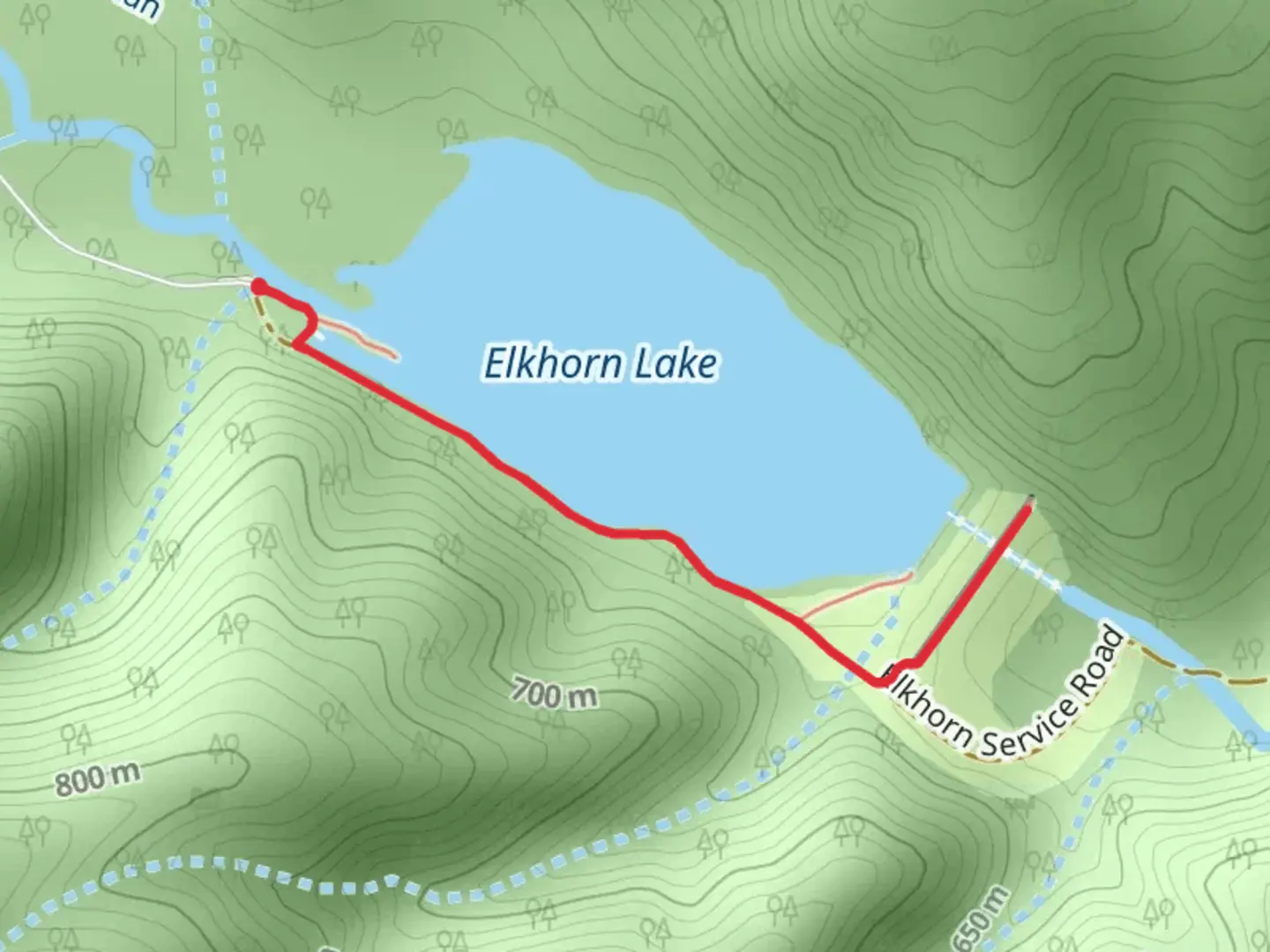 An image depicting the trail Elkhorn Lake and its surrounding area.