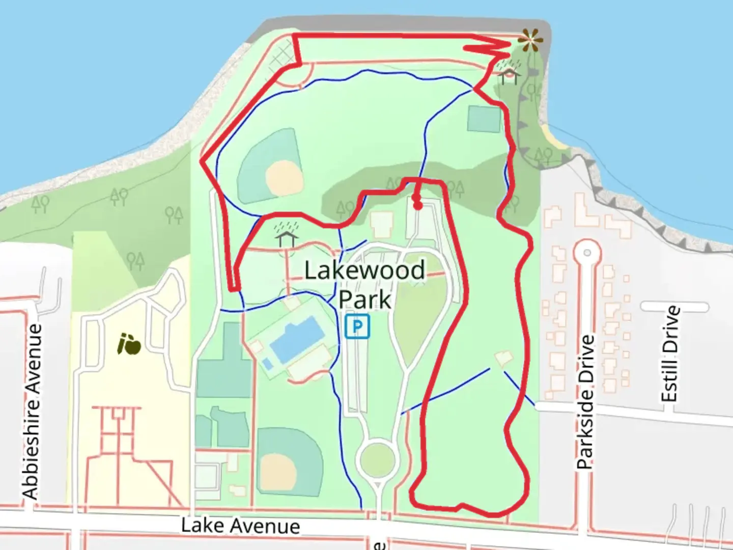 An image depicting the trail Lakewood Park Loop and its surrounding area.