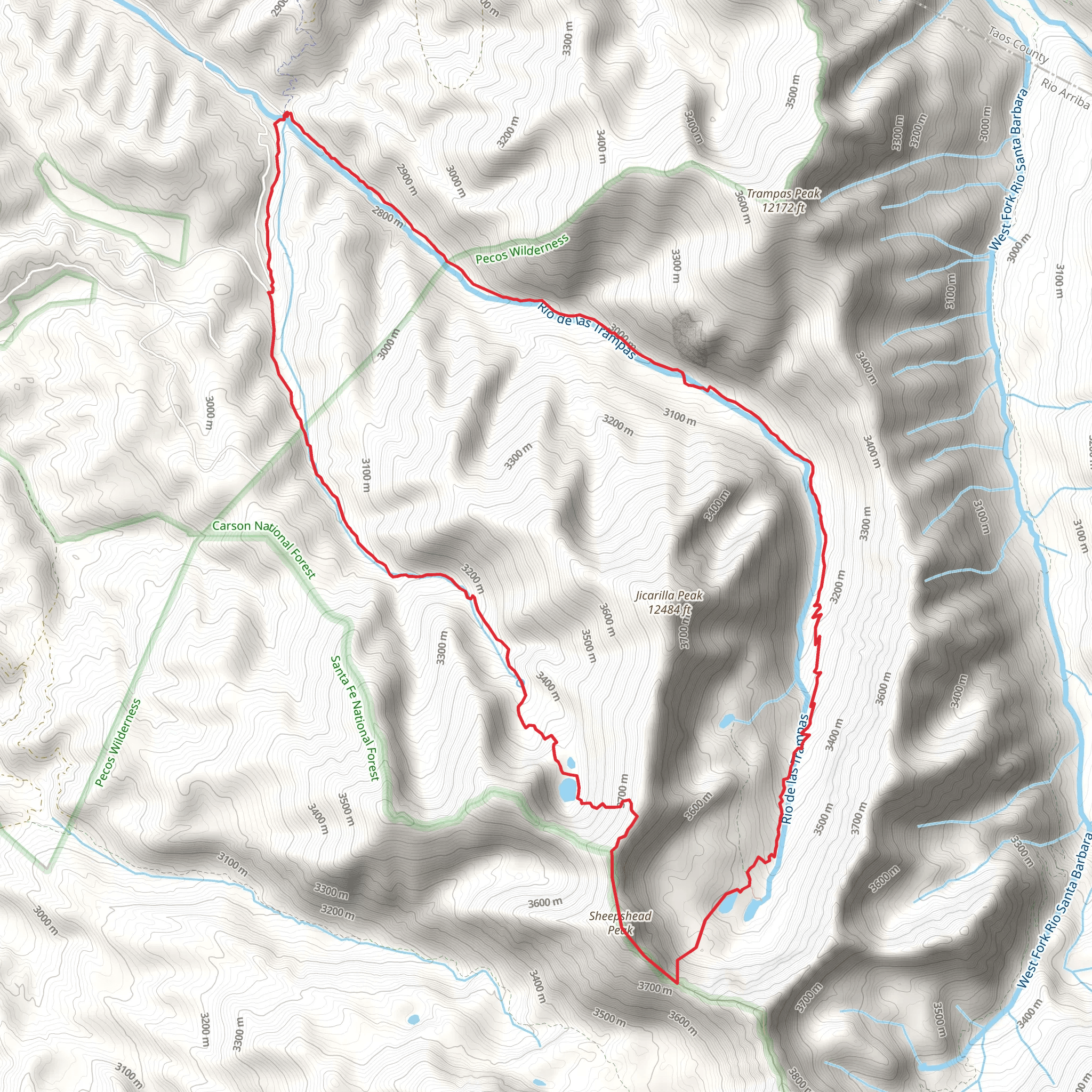 Trampas Lakes, Sheepshead Peak and San Leonardo Lakes Loop Trail mobile static map