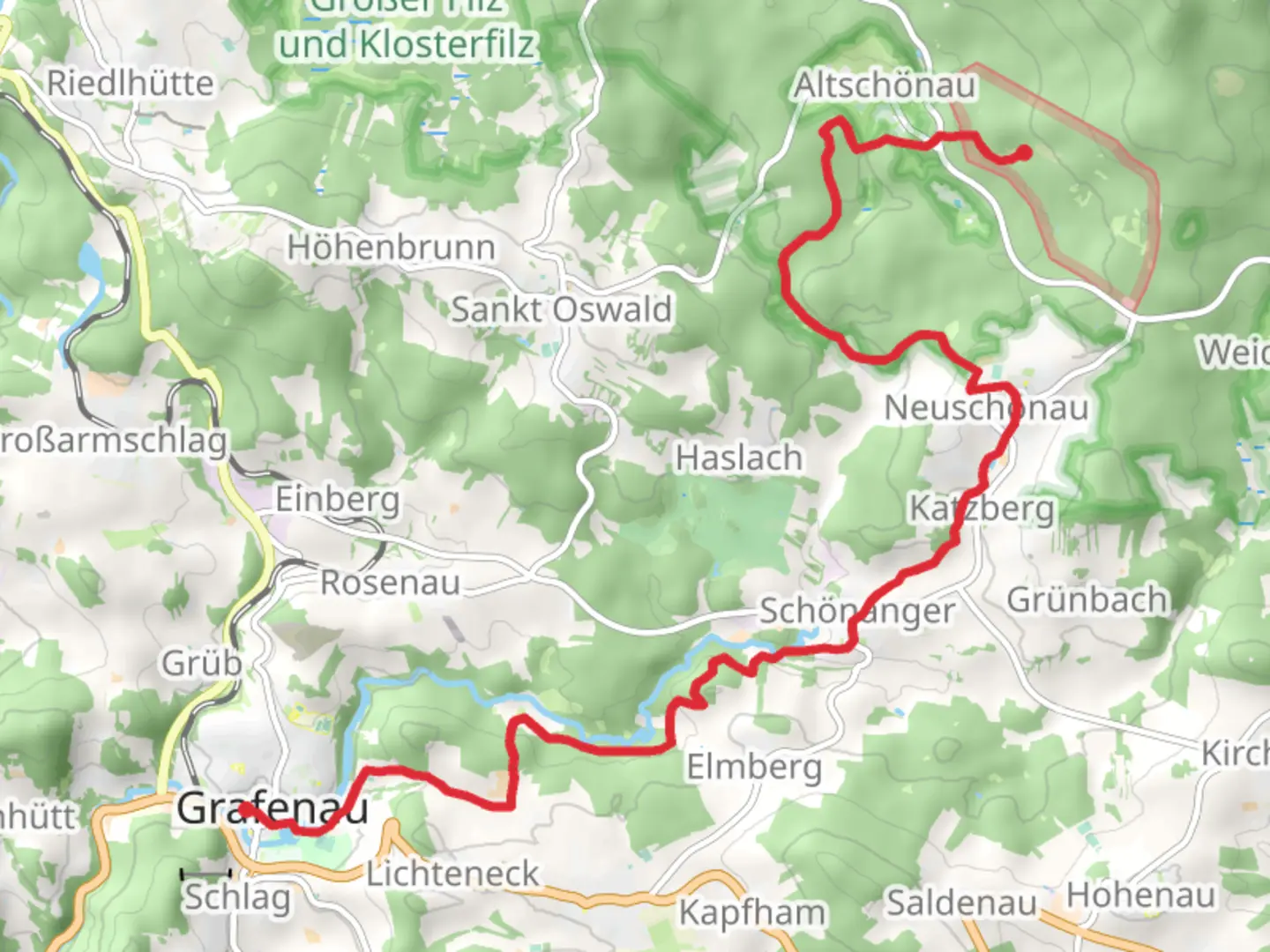 An image depicting the trail Grafenau to Altschonau Walk via Kleine Ohe and its surrounding area.