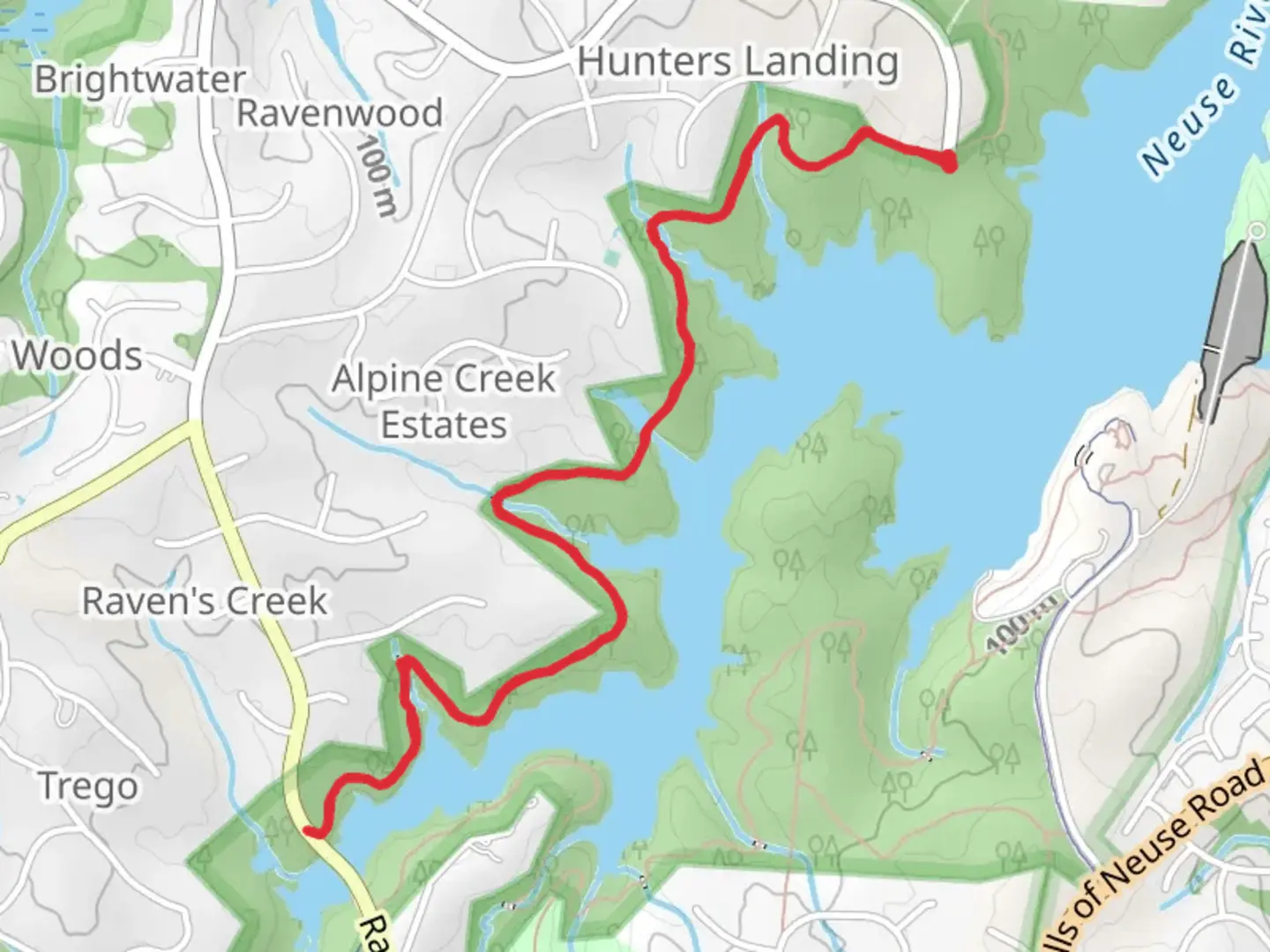 An image depicting the trail Falls Lake Westside Trail and its surrounding area.