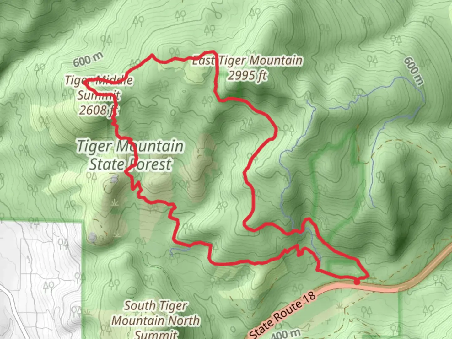 An image depicting the trail Tiger Middle Summit Loop and its surrounding area.