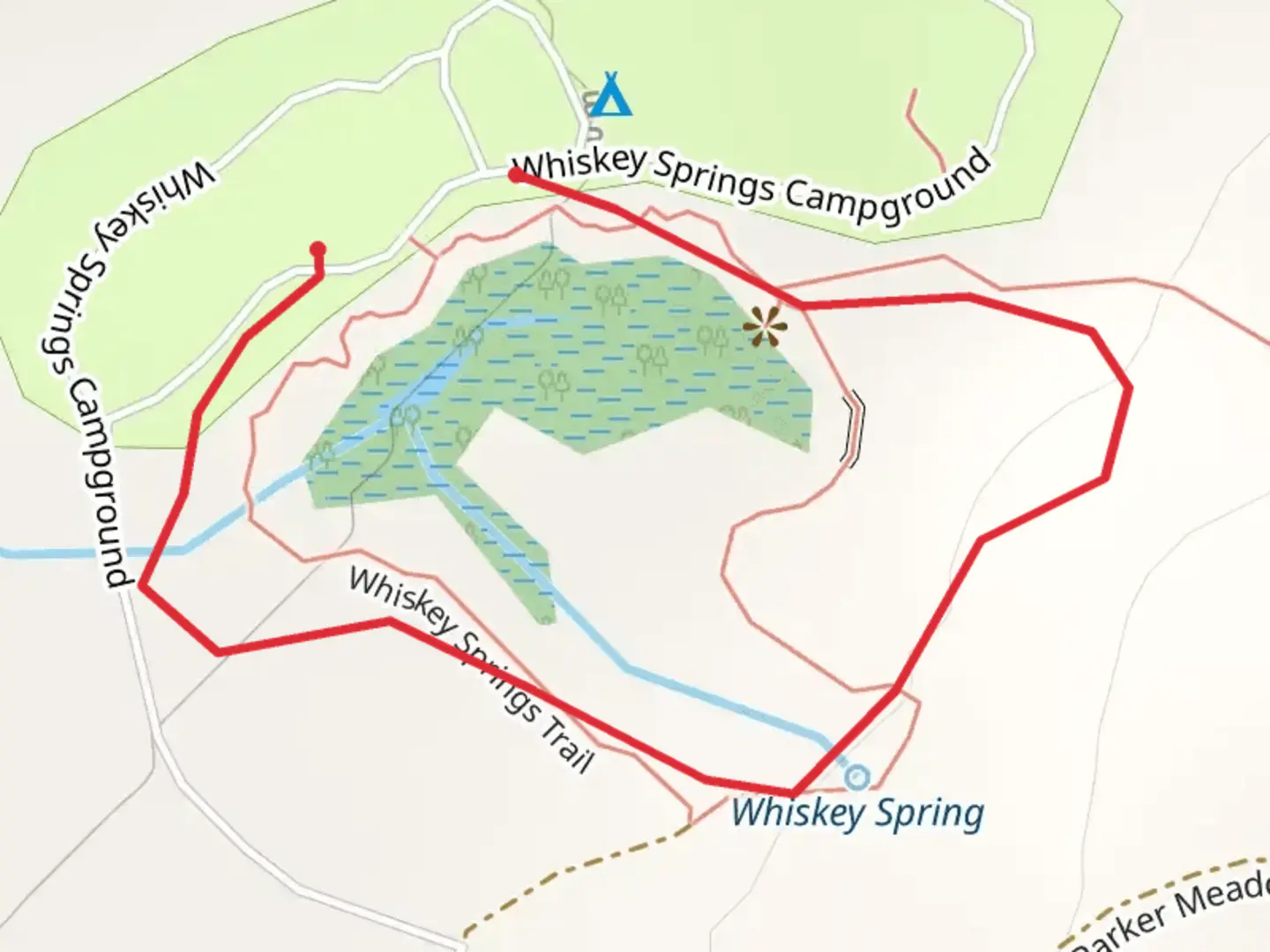 An image depicting the trail Whiskey Springs Trail and its surrounding area.