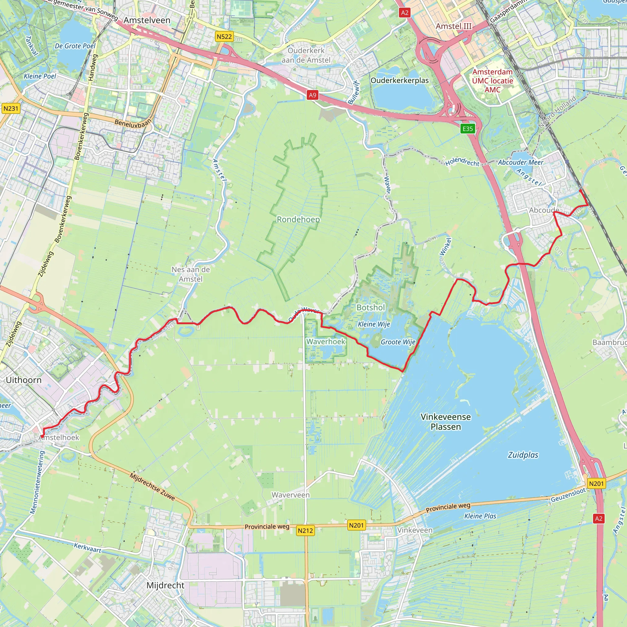 Abcoude to Uithoorn via Grote Wije, Noordplas and Fort Waver - Amstel mobile static map