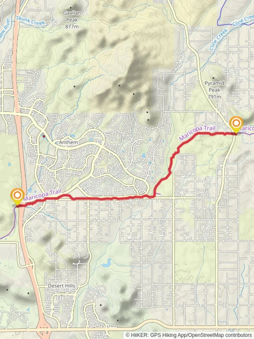 An image depicting the trail Maricopa Trail from North Pioneer Road and its surrounding area.
