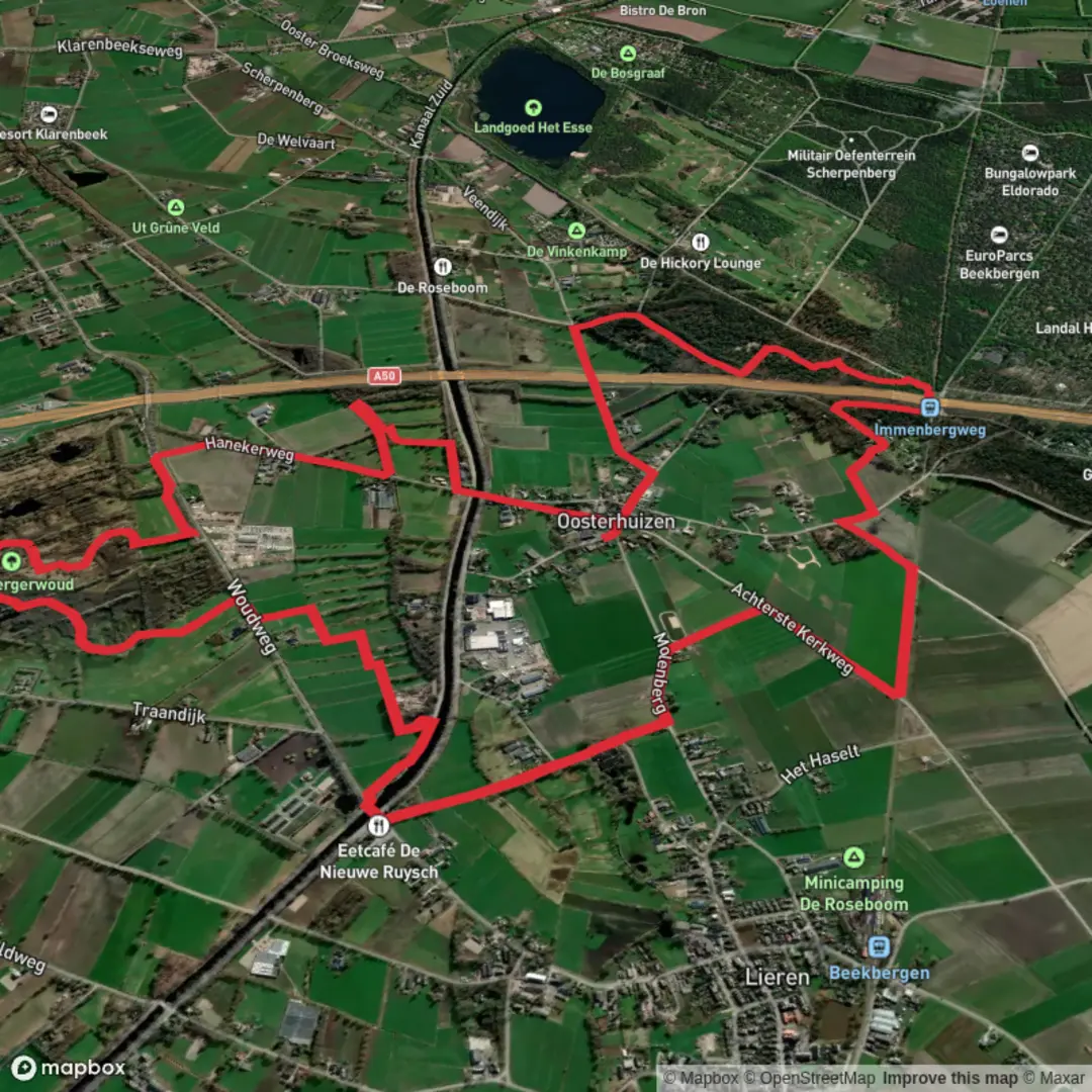 An image depicting the trail De Bosrand, Observatiepunt and Het Woud Loop and its surrounding area.
