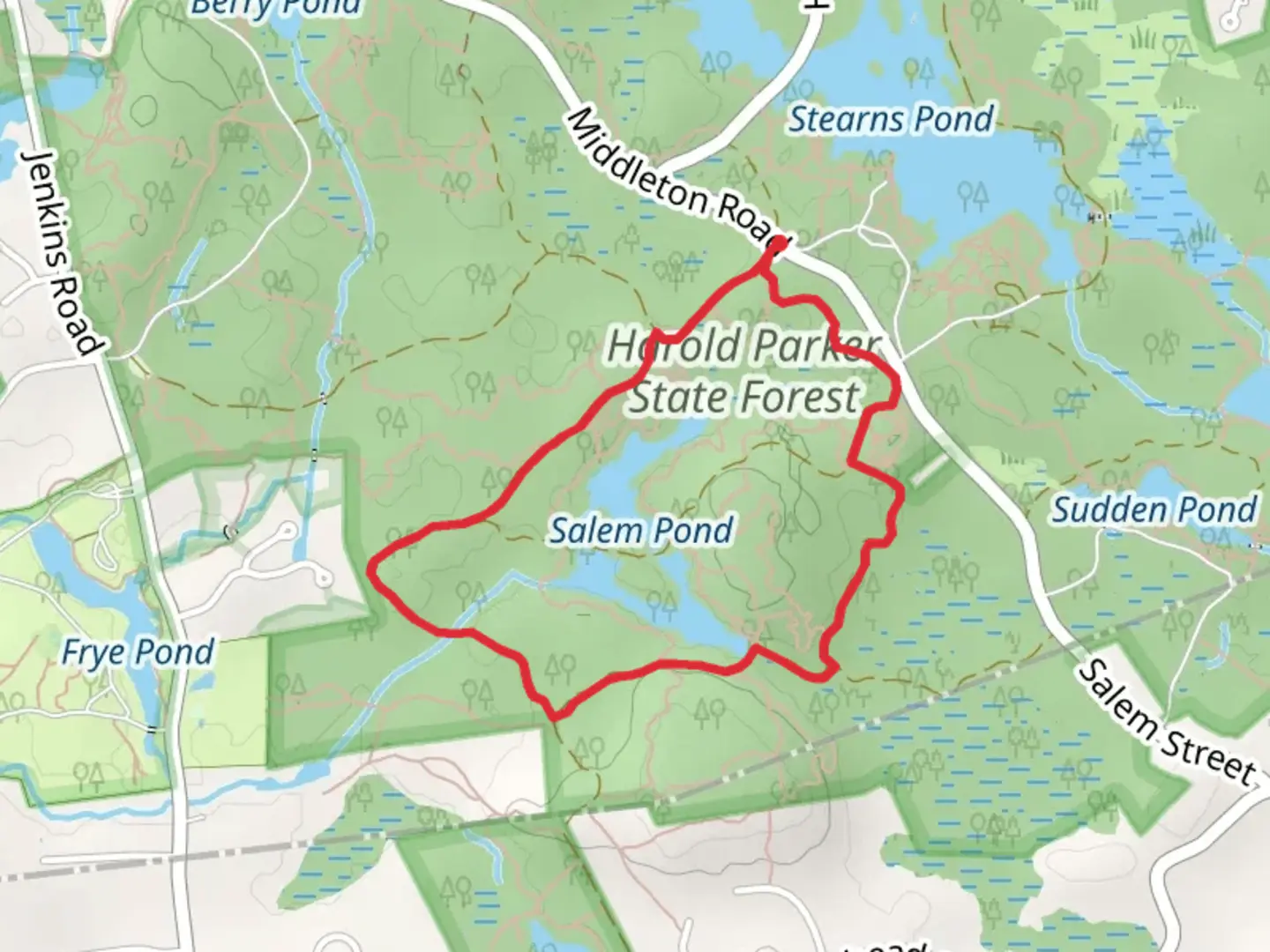 An image depicting the trail Salem Pond and Acorn Loop via Harold Parker Road and its surrounding area.