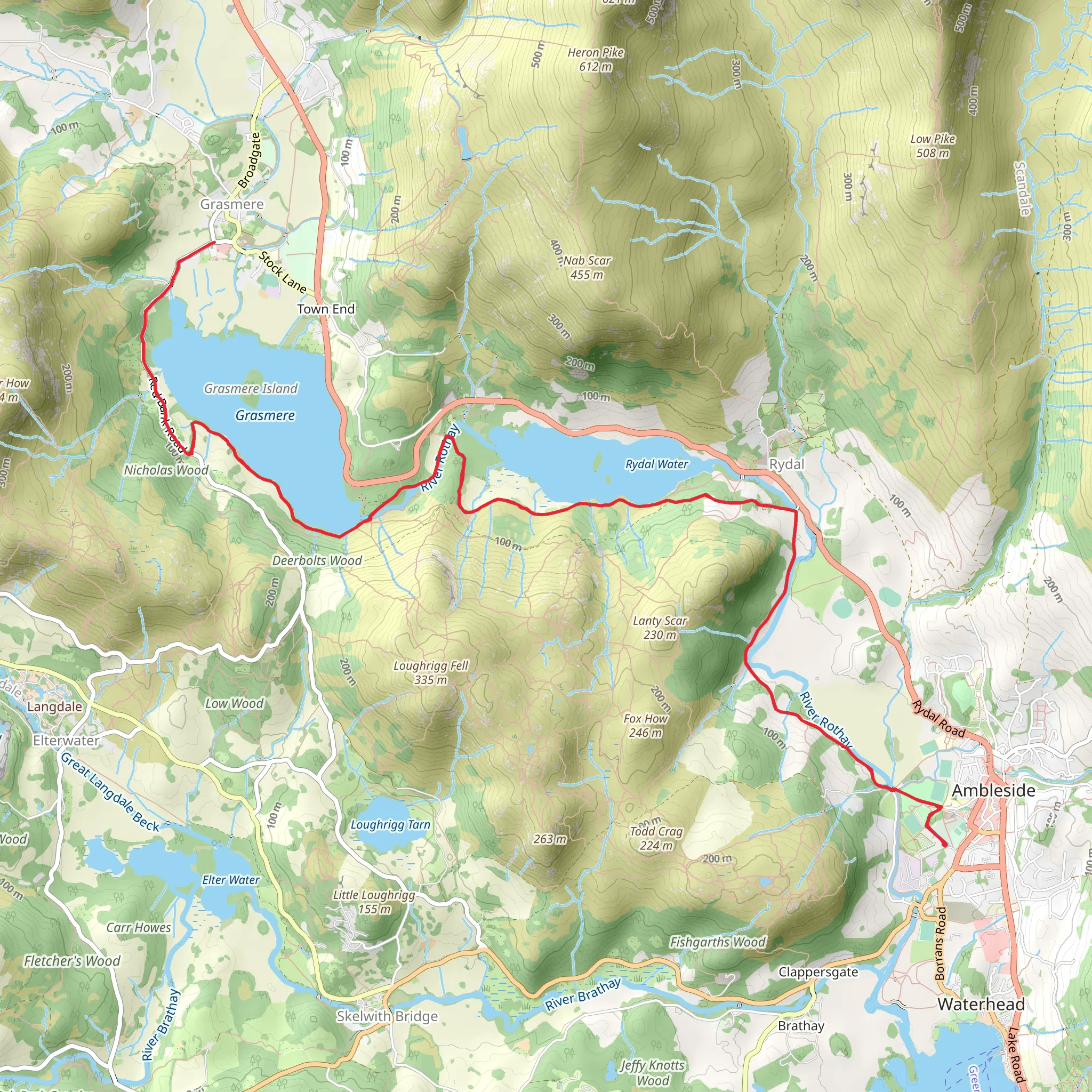 Fieldfoot Wood, Rydal Water and Grasmere from Miller Bridge mobile static map